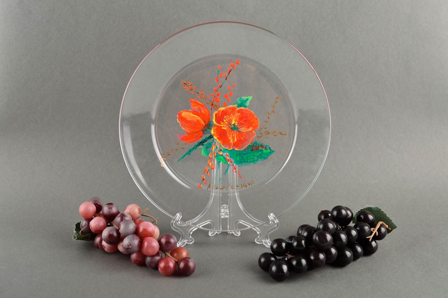 Schöne Teller handgeschaffen Deko für Tisch originell Glasteller rund mit Blumen foto 1