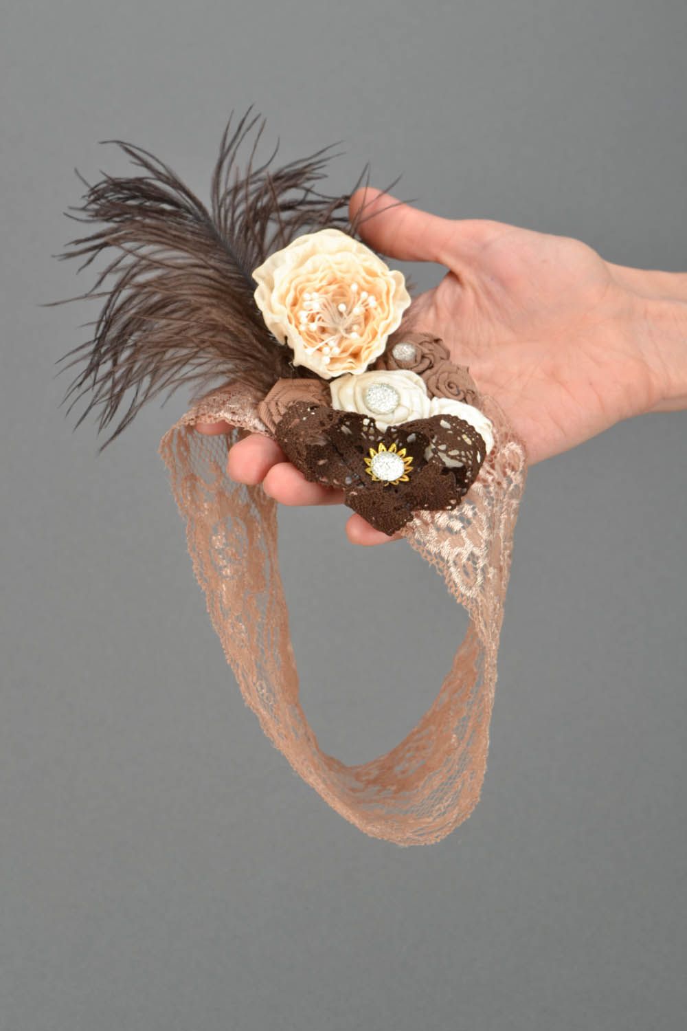 Fascia per testa fatta a mano di merletto con nastri di reps accessorio capelli foto 2