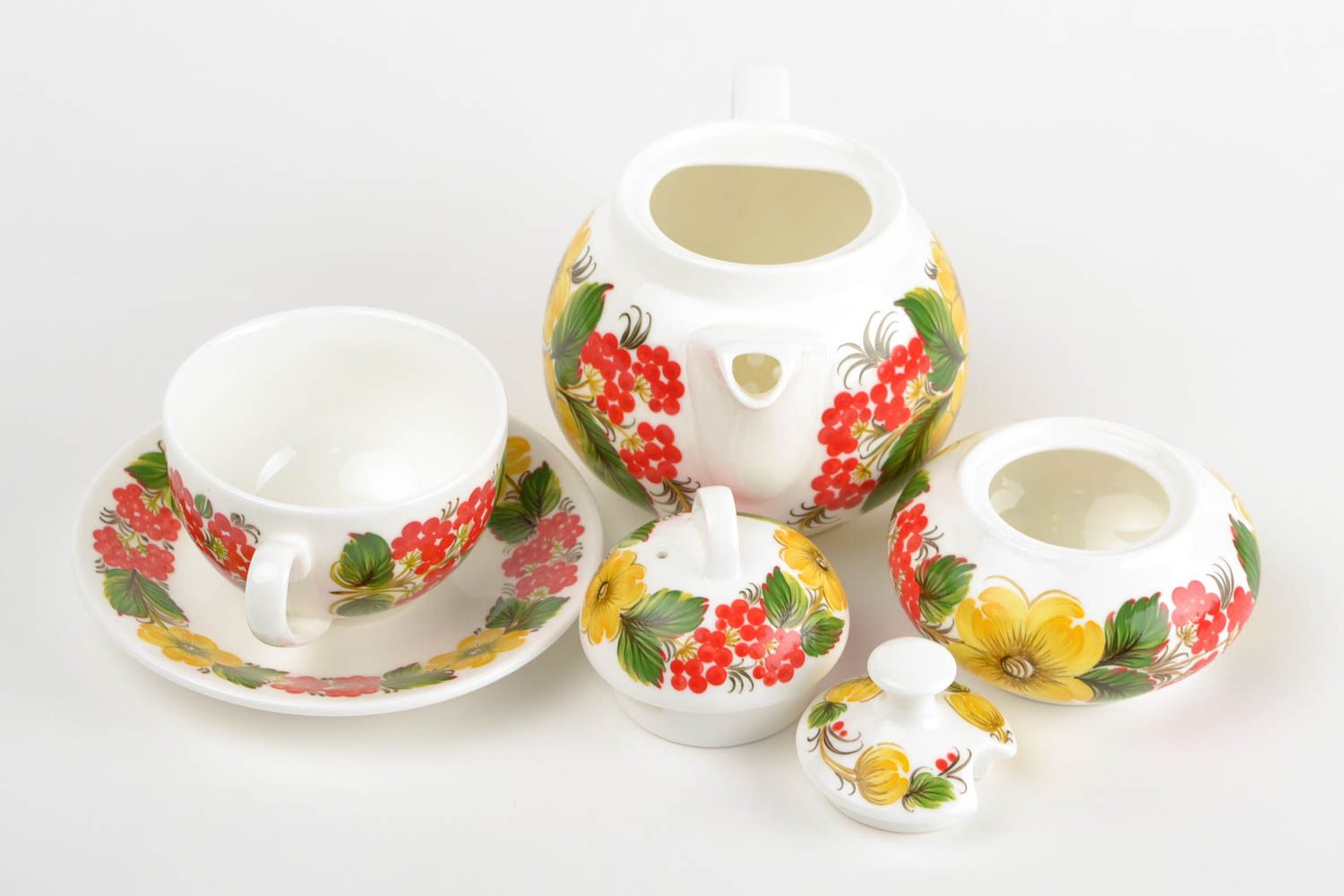 Фарфоровый набор посуды с Петриковской росписью чайник чашка с блюдцем сахарница фото 4