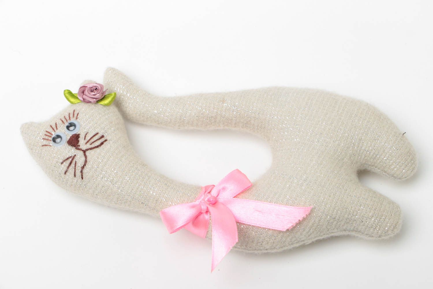 Soft toy handmade cotton and wool cat with a bow nice present for children photo 2