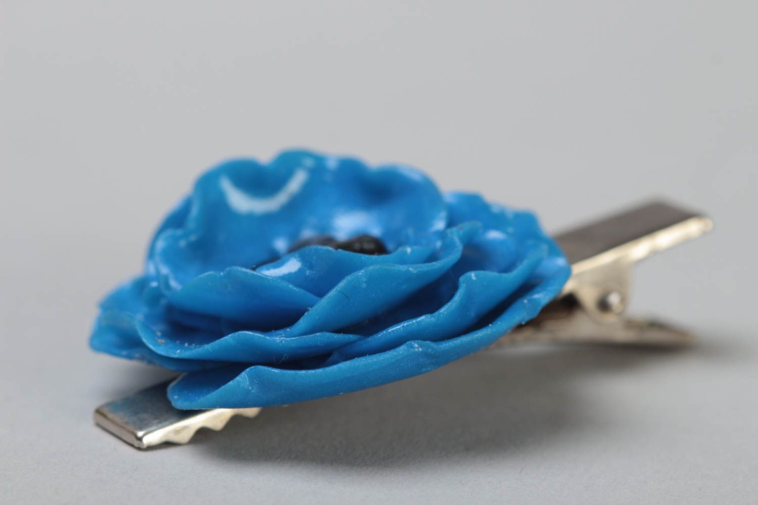 Handmade small decorative hair clip on metal basis with blue polymer clay flower photo 3