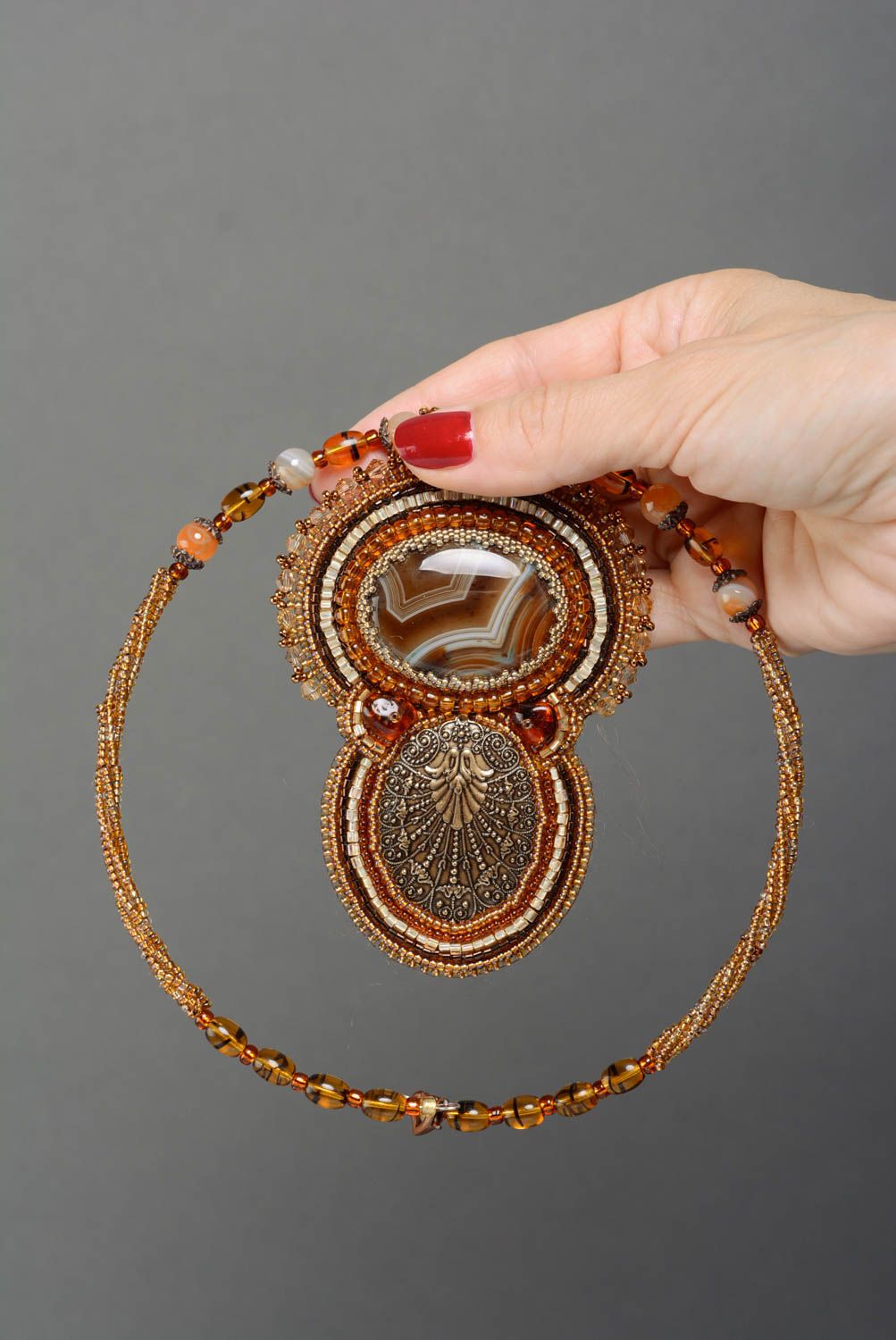 Handmade designer bead embroidered necklace with natural agate of terracotta color photo 3