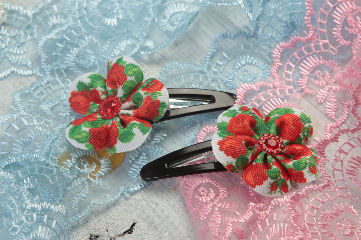 Set of 2 handmade textile barrettes flower hair clips accessories for girls  photo 1