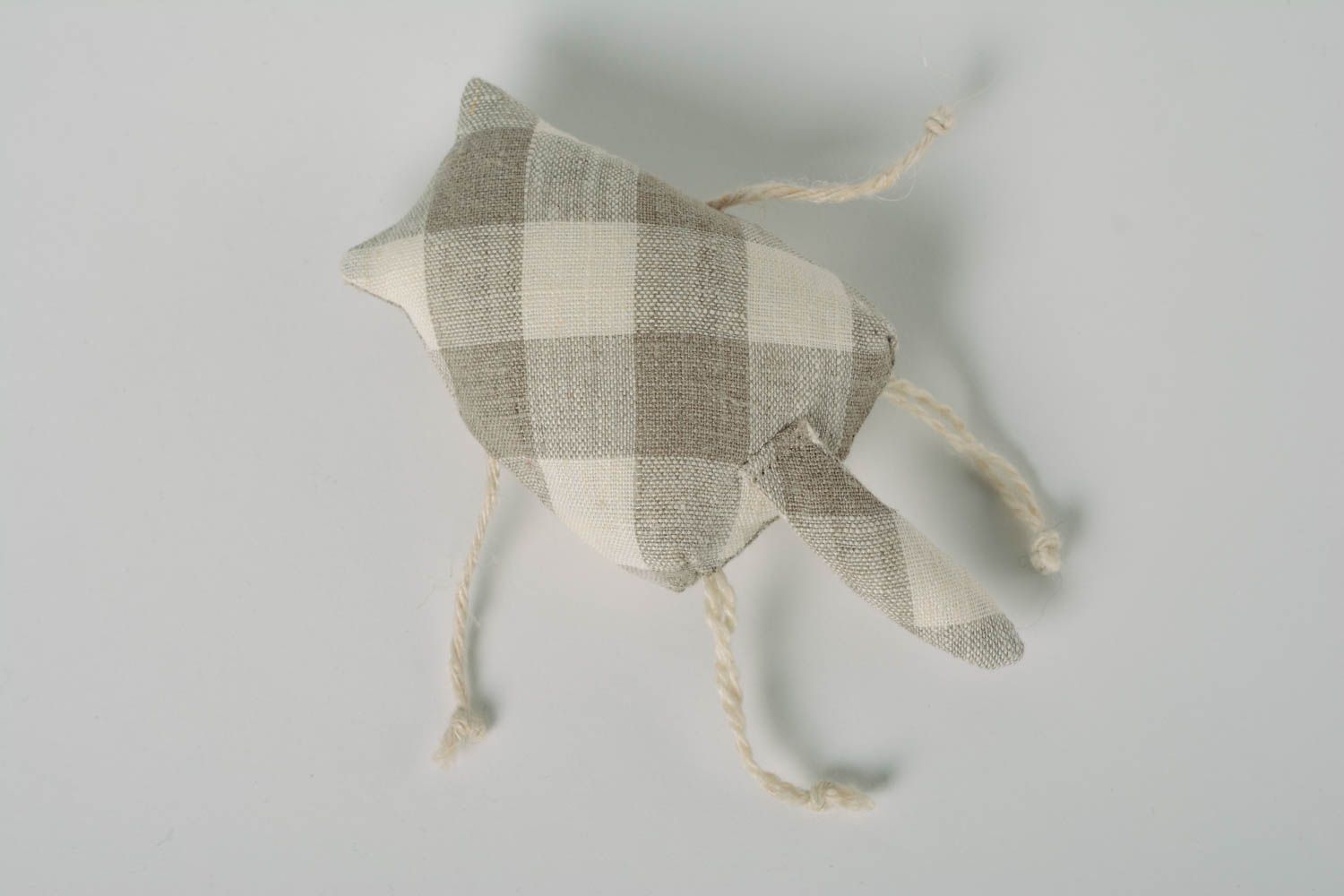 Handmade small soft toy cat sewn of checkered linen fabric with embroidered heart photo 4