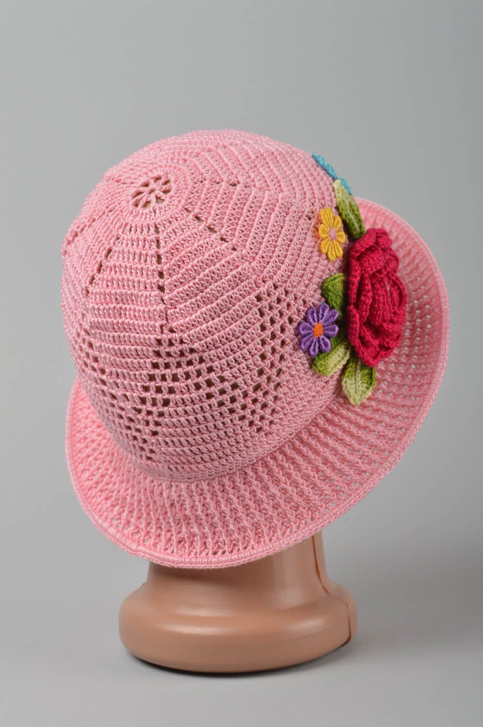 Вязаная шляпа ручной работы детская шляпа розовая головной убор краисвый фото 5