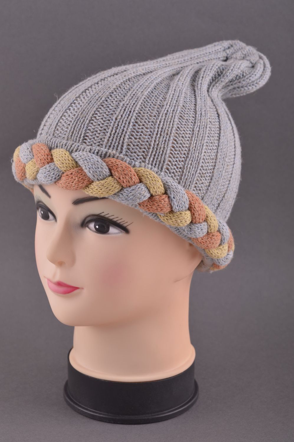 Bonnet tricot fait main Chapeau chaud gris laine acrylique Vêtement femme photo 1