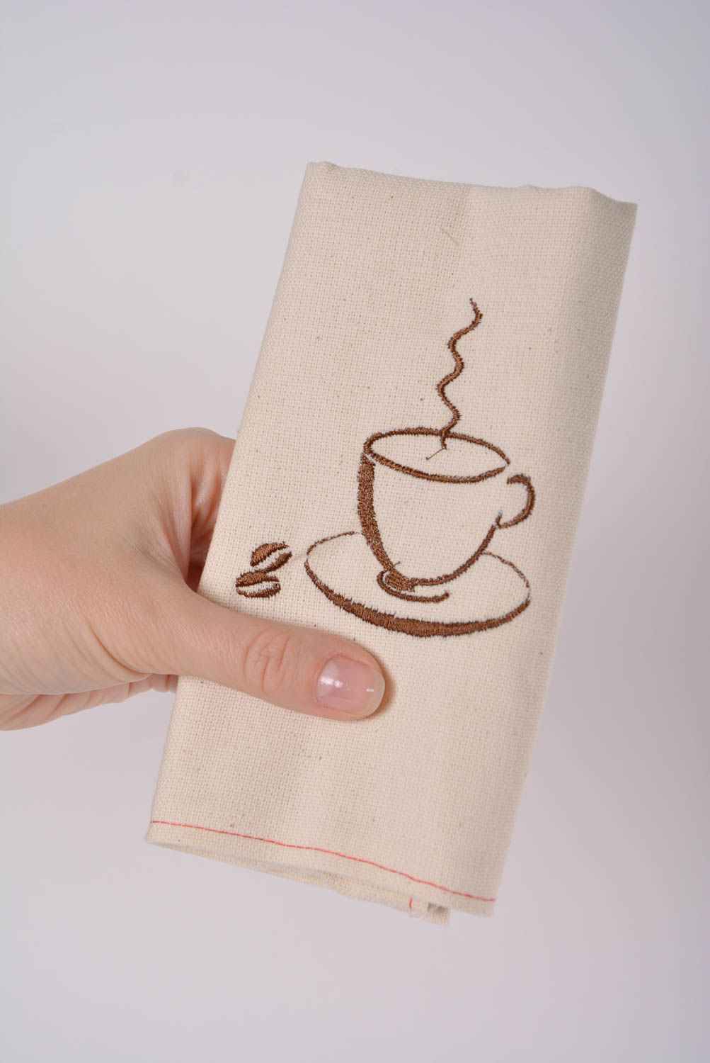 Serviette de table brodée en mi-lin rectangulaire faite main Tasse de café photo 2