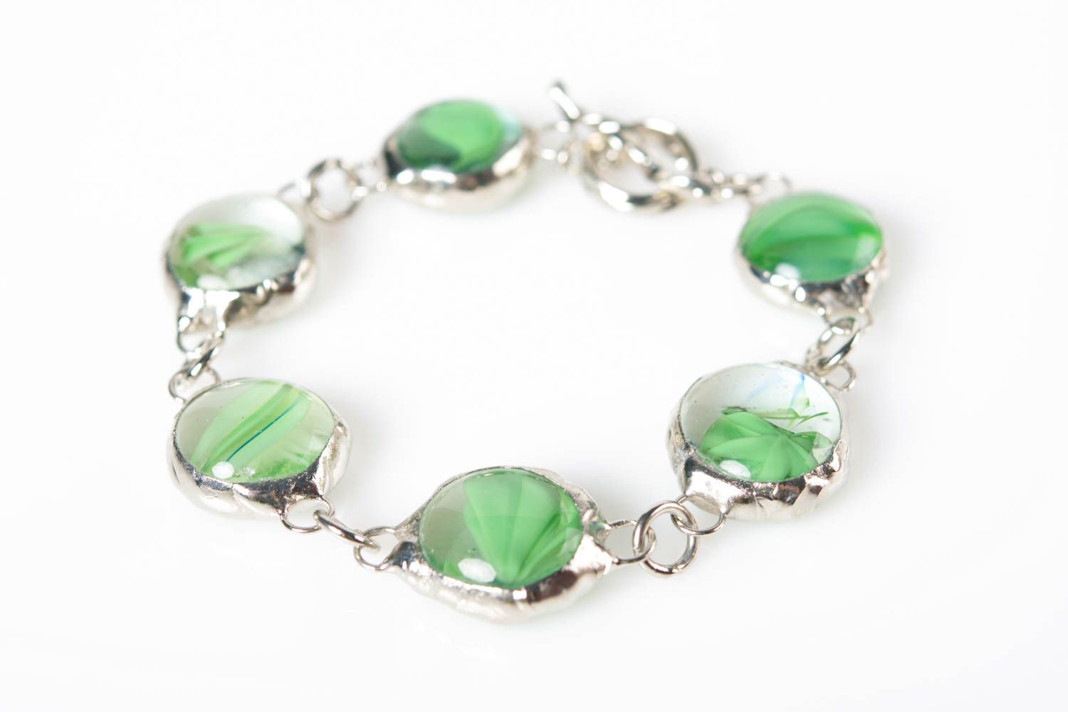 Designer green handmade unusual bracelet made of glass and metal photo 1