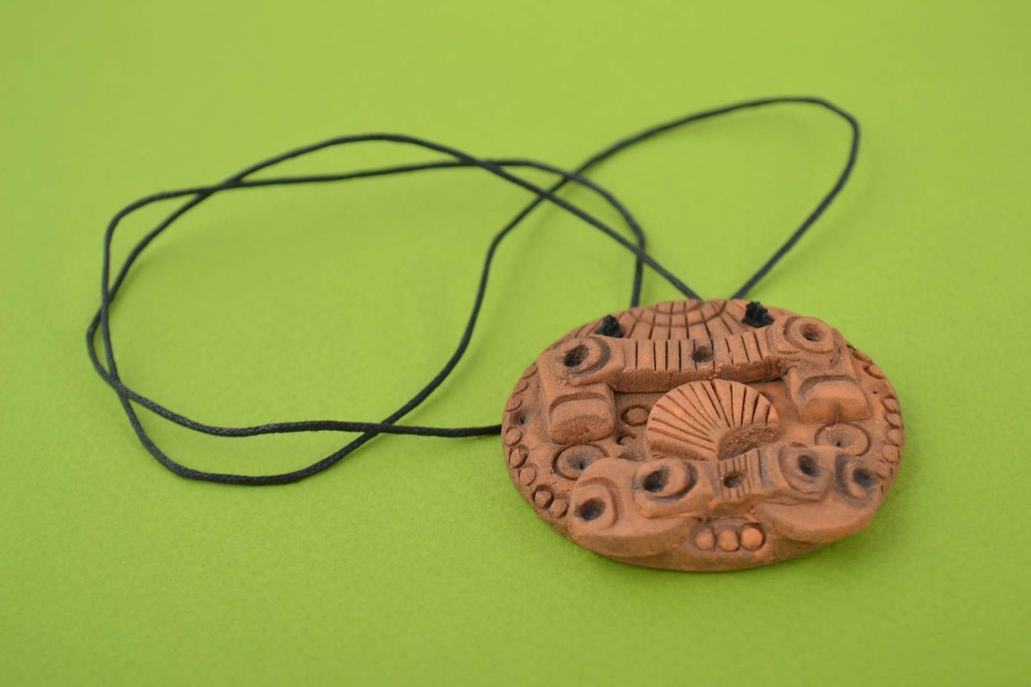 Unusual handmade designer clay neck pendant on cord marine and ethnic styles photo 1