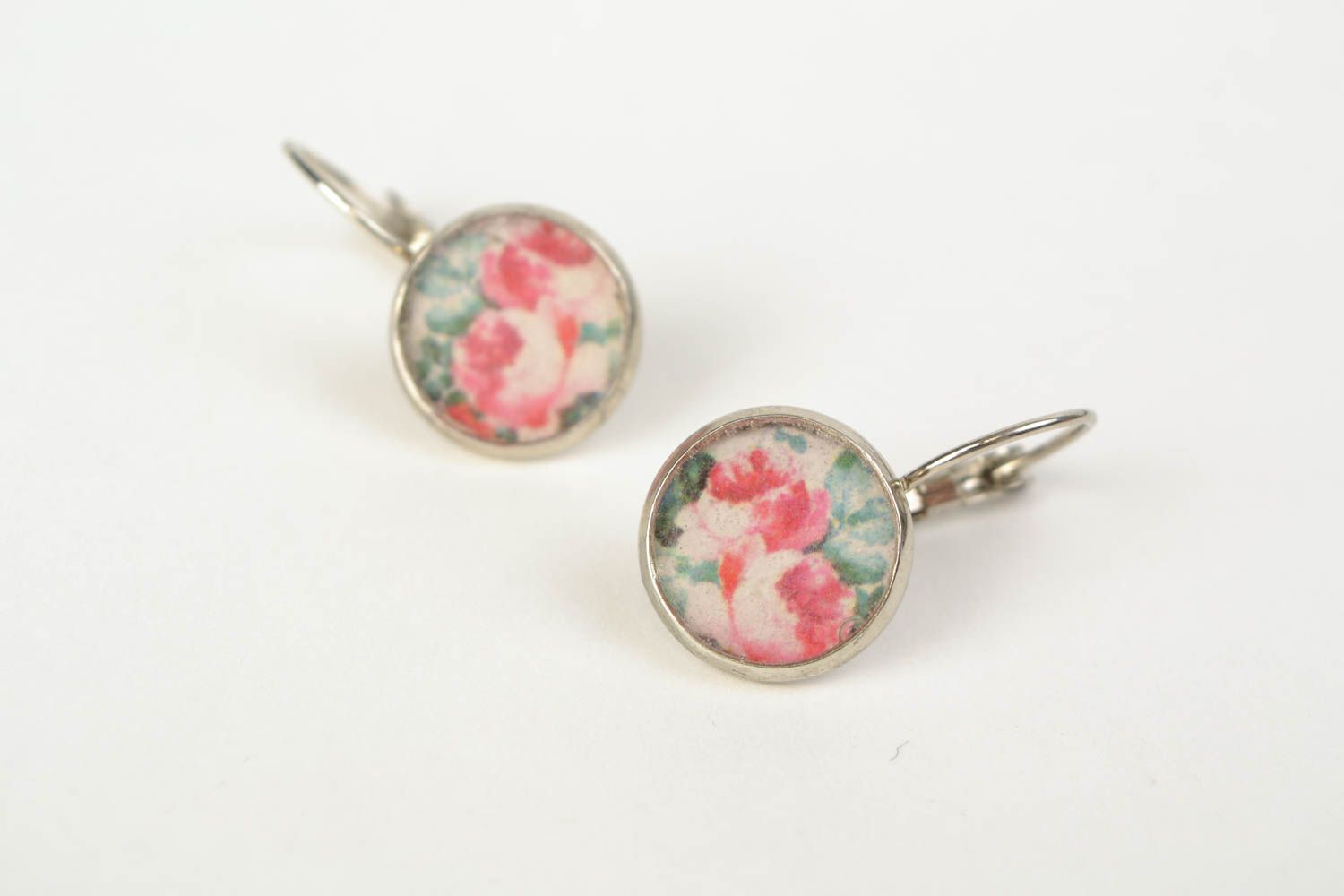 Handmade beautiful earrings with jewelry resin of round shape with decoupage  photo 1