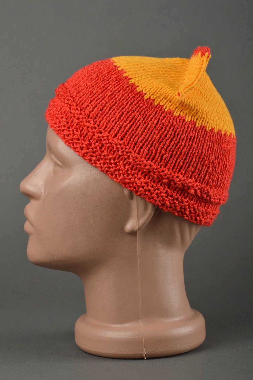 Вязаная шапка ручной работы шапка для мальчиков зимняя шапка красно-желтая фото 2