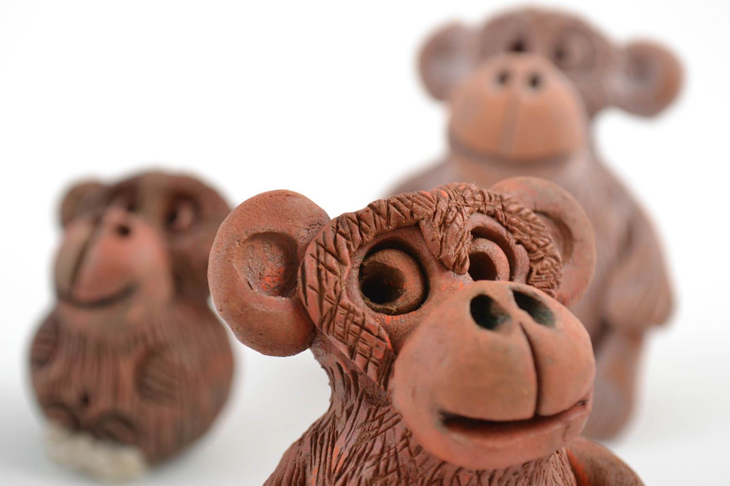Handmade designer's ceramic statuettes set 3 pieces little monkeys photo 2