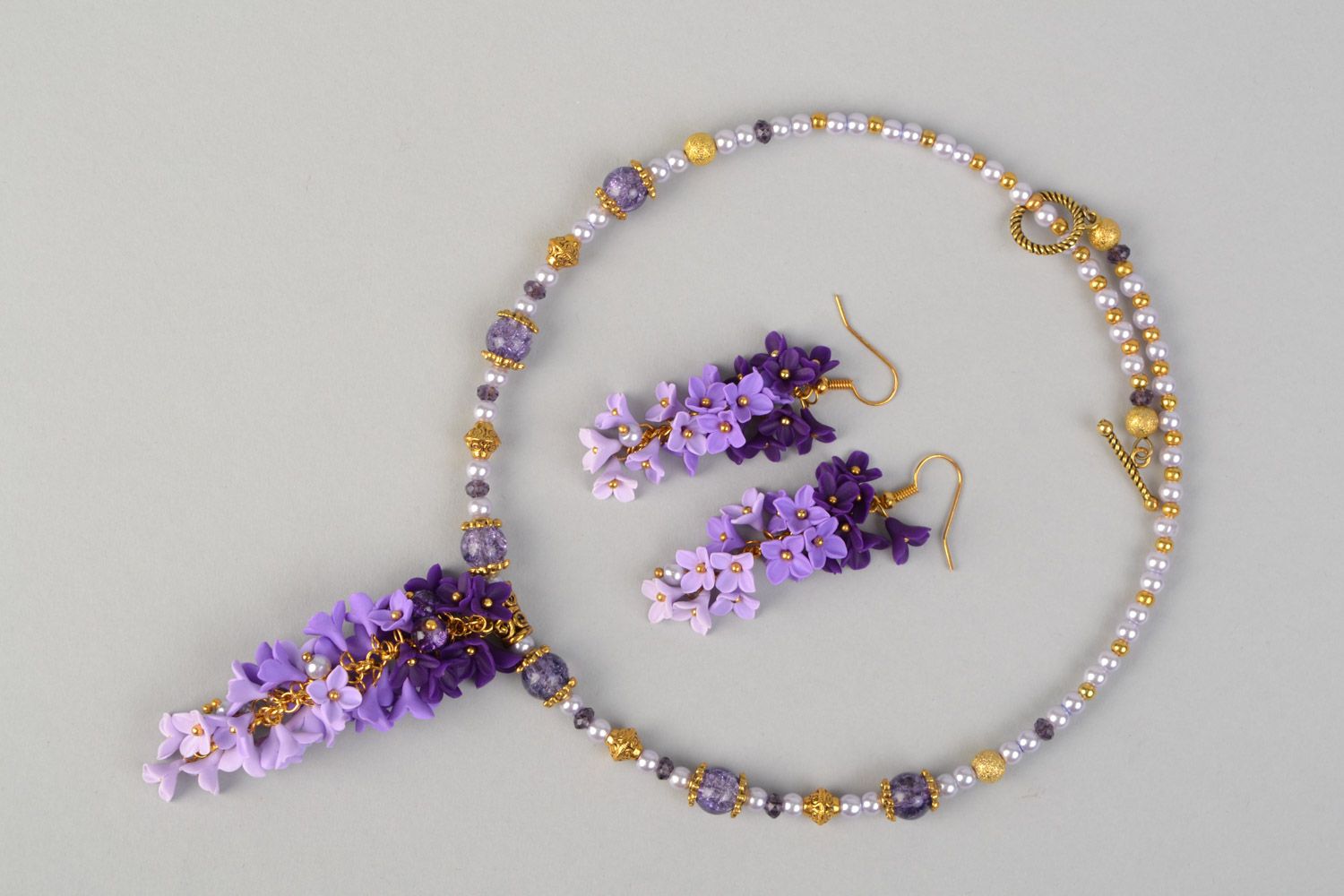 Schmucksachen Set Collier und Ohrringe aus Polymerton  Violette Blumen handmade foto 2
