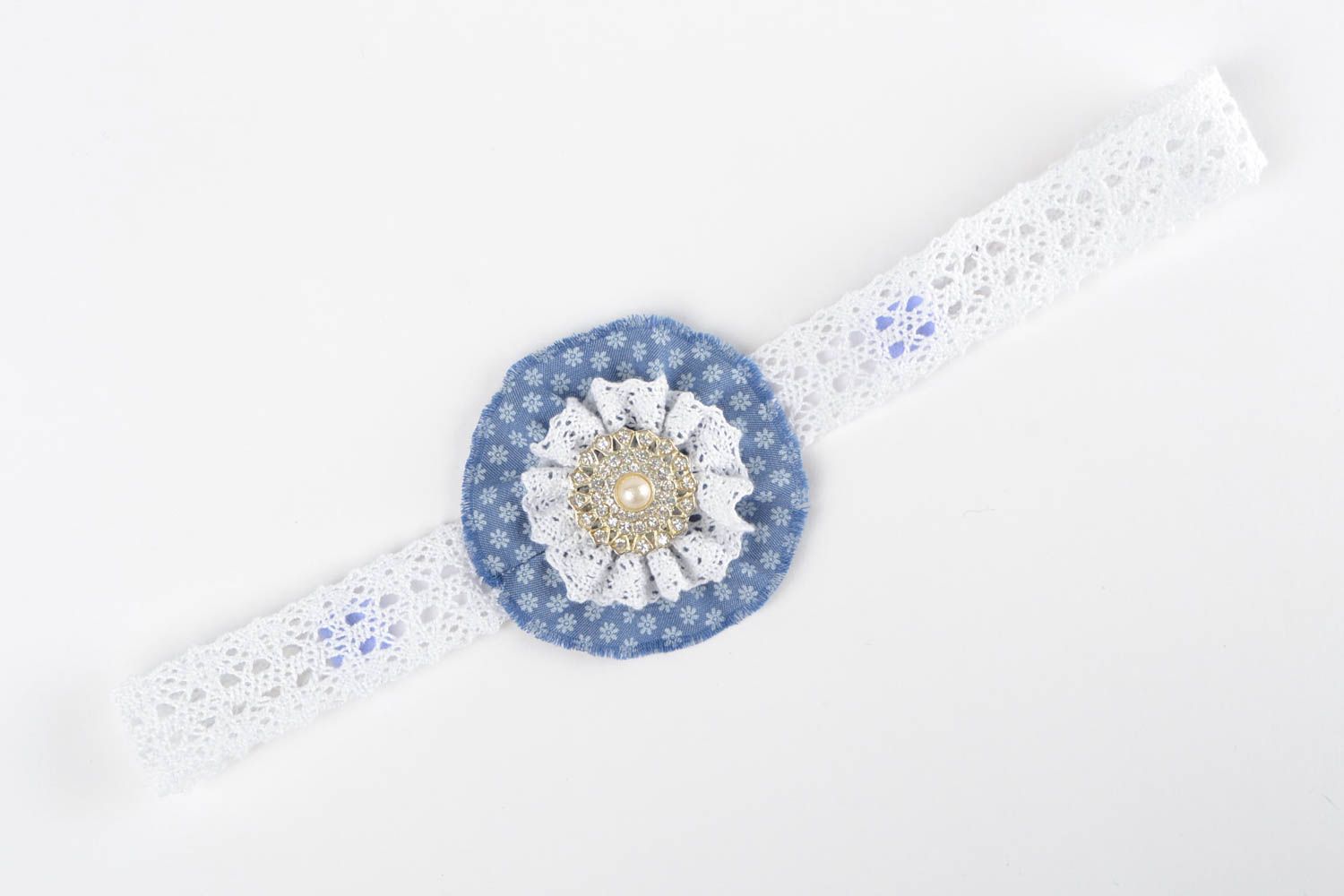 Handmade openwork headband fabric headband with flower lace headband  photo 3