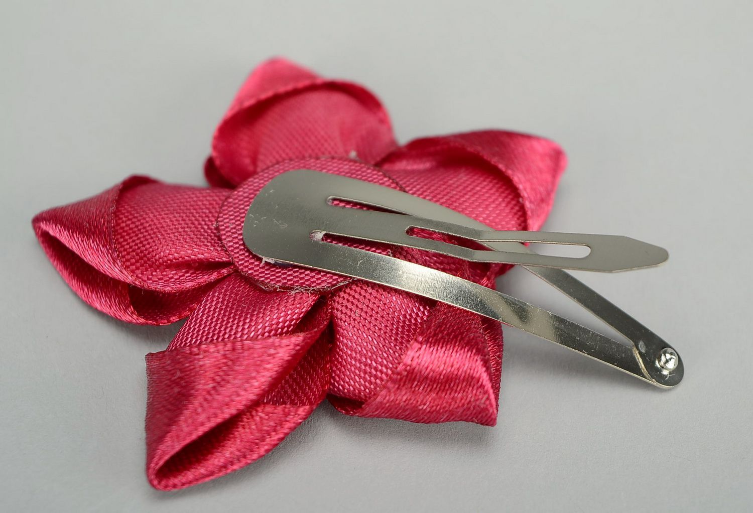 Barrette made of satin and metal Maroon Flower photo 3