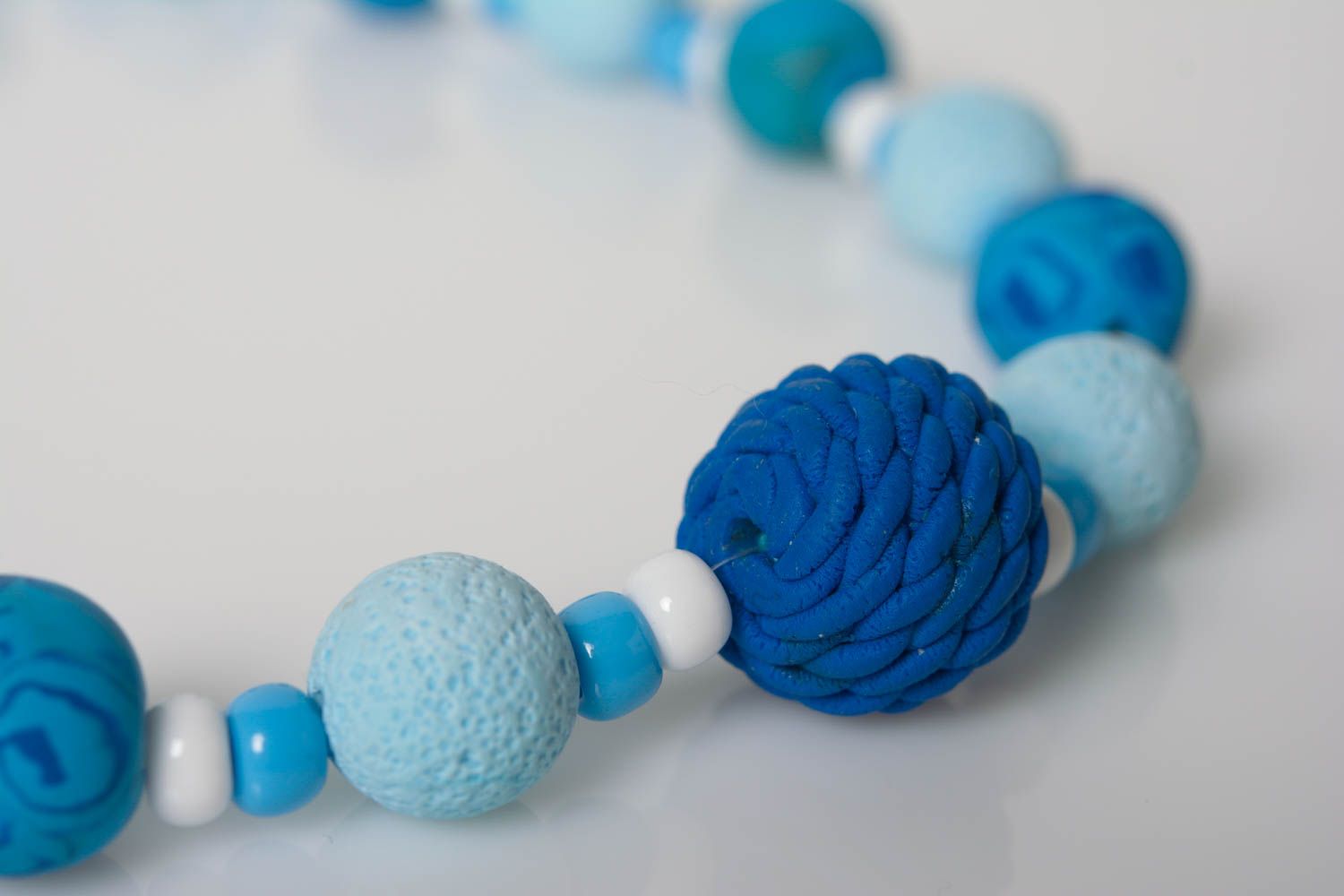 Handmade designer necklace made of polymer clay blue stylish summer accessory photo 3