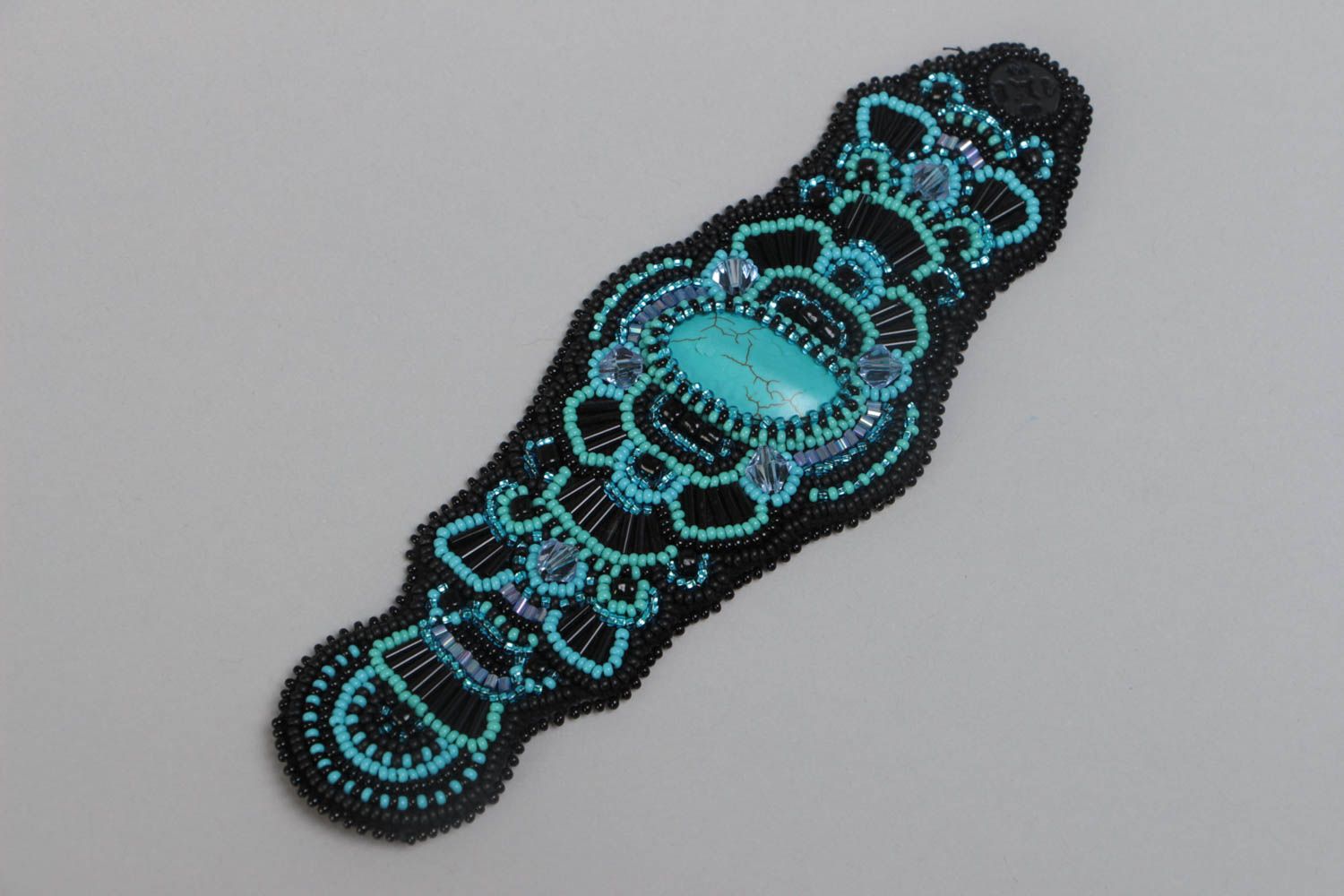 Handmade black wide wrist bracelet embroidered with beads and faux turquoise photo 2