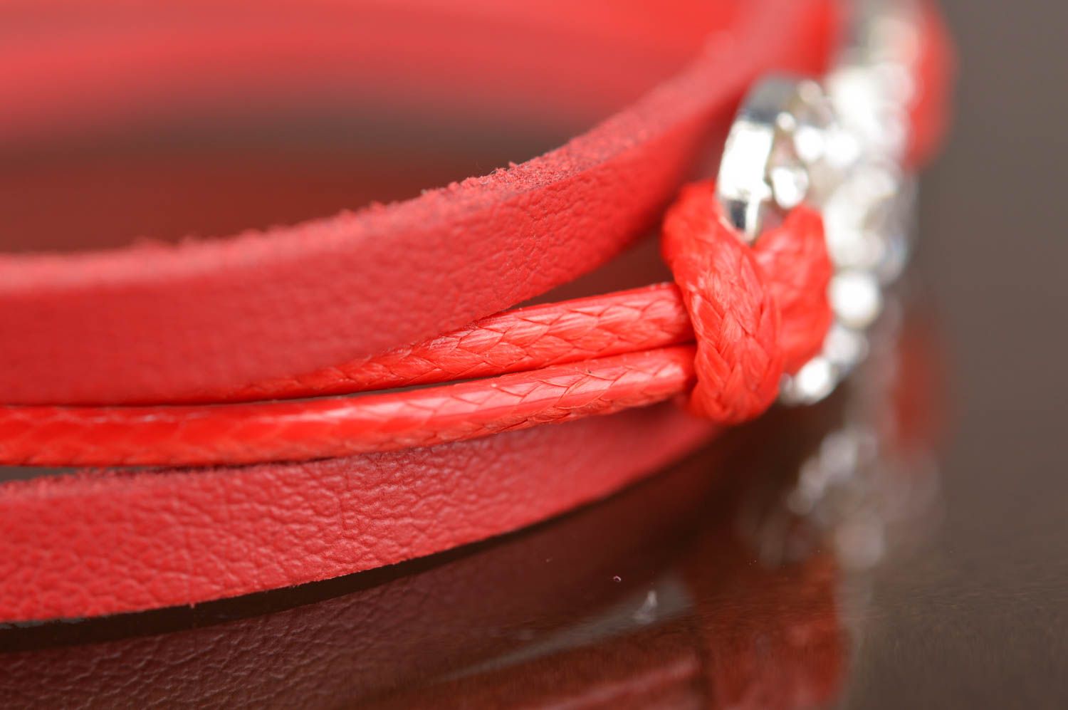 Handmade designer red thin genuine leather bracelet with infinity sign insert photo 3