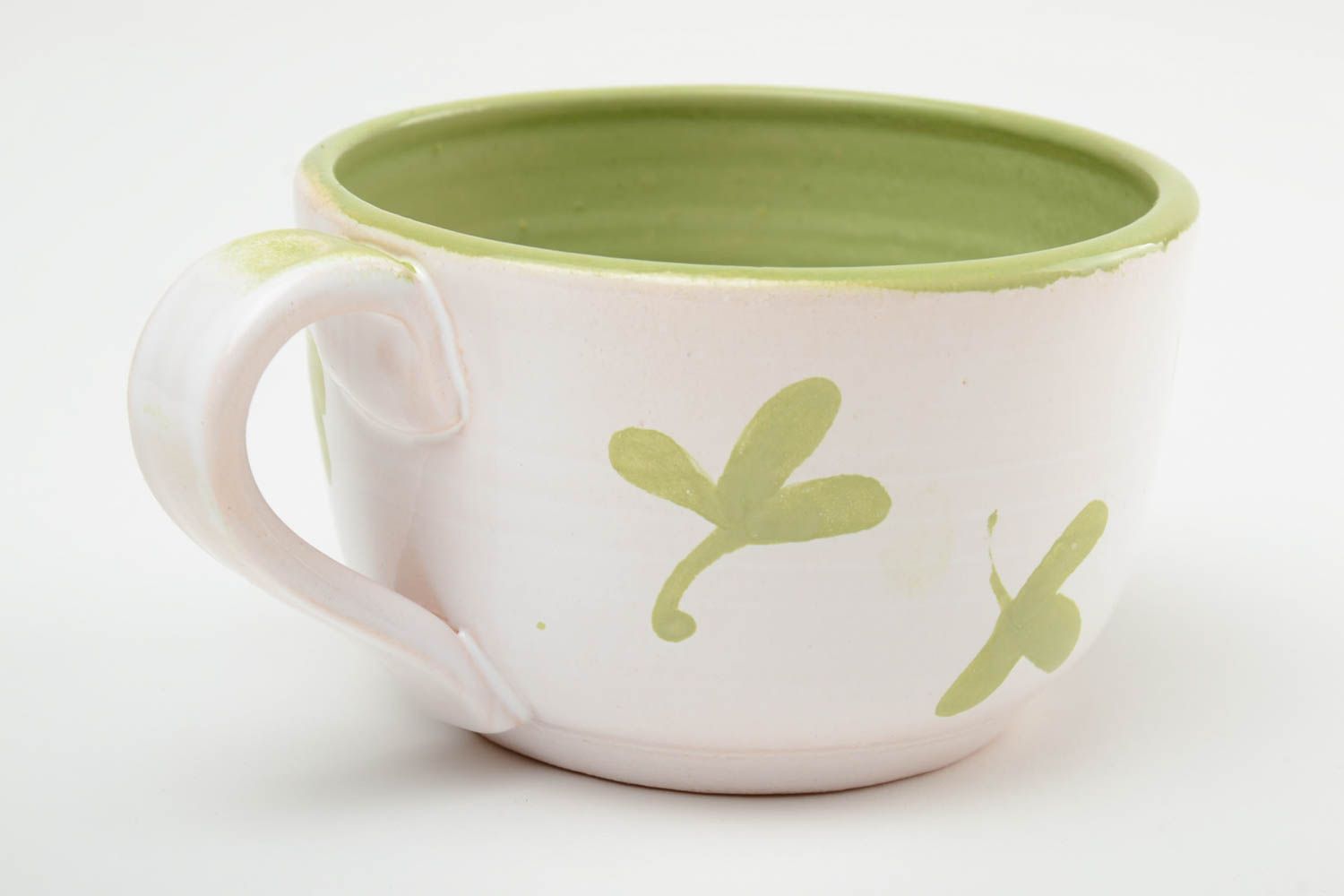 Schöne keramische Tasse aus Ton mit Bemalung hellgrün mit Blättern 350 ml handmade foto 4