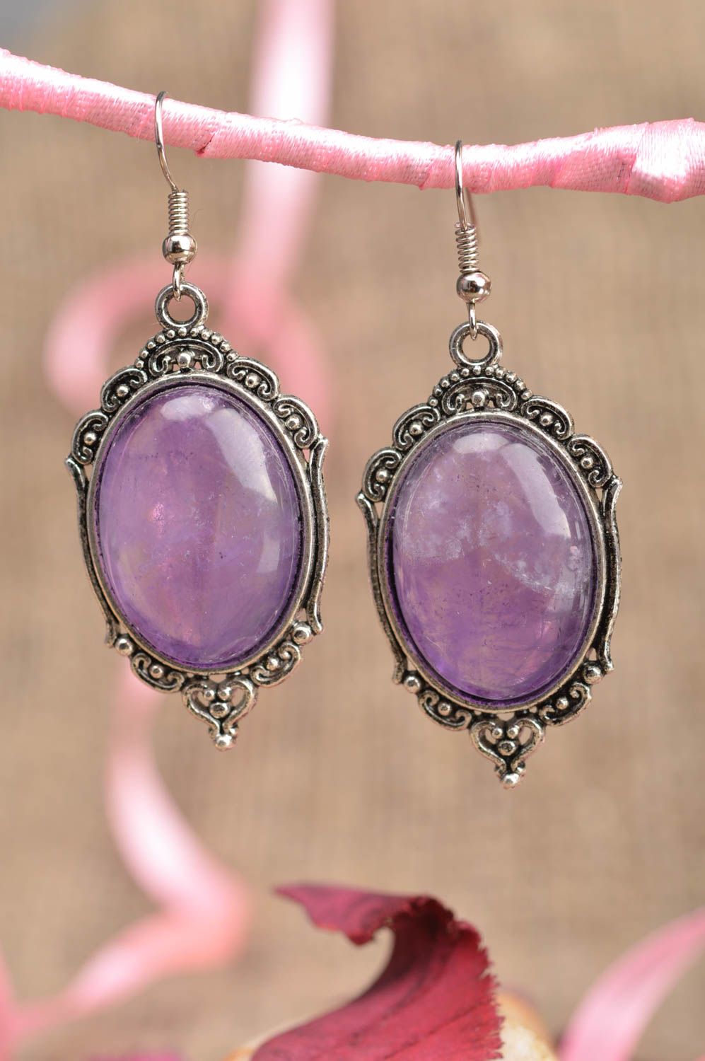 Handmade designer violet oval metal earrings with stone in vintage style photo 1