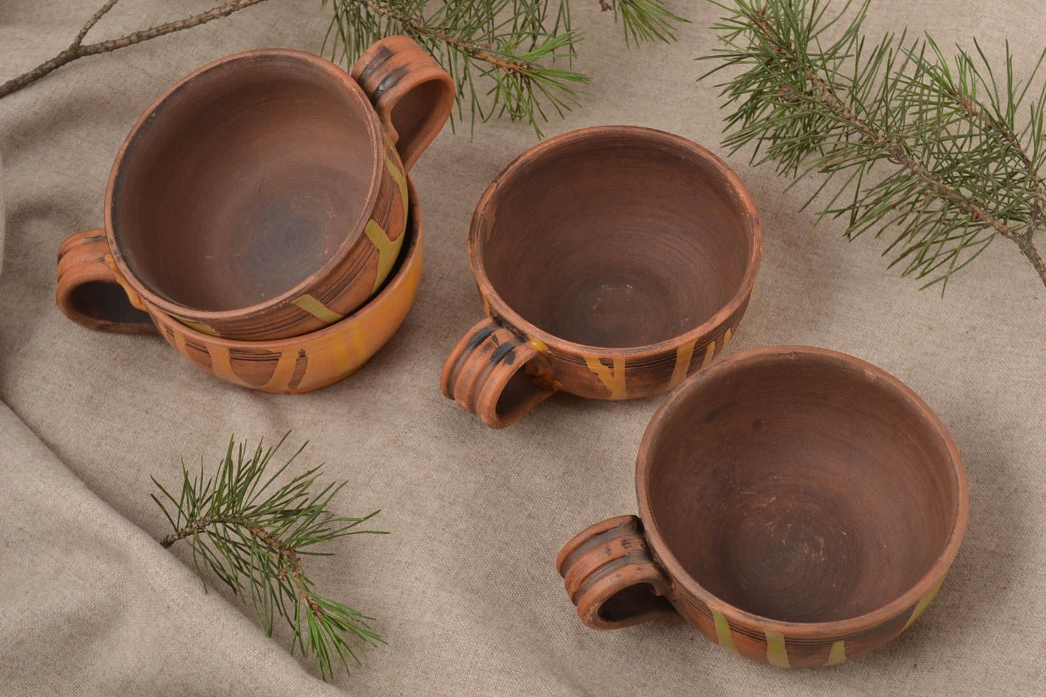 Set of 4 four not glazes natural clay coffee cups with handle  photo 1