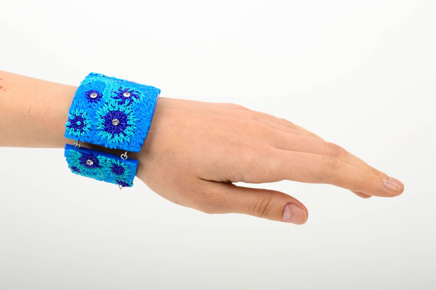 Bracelet bleu Bijou fait main large pâte polymère design floral Cadeau femme photo 1