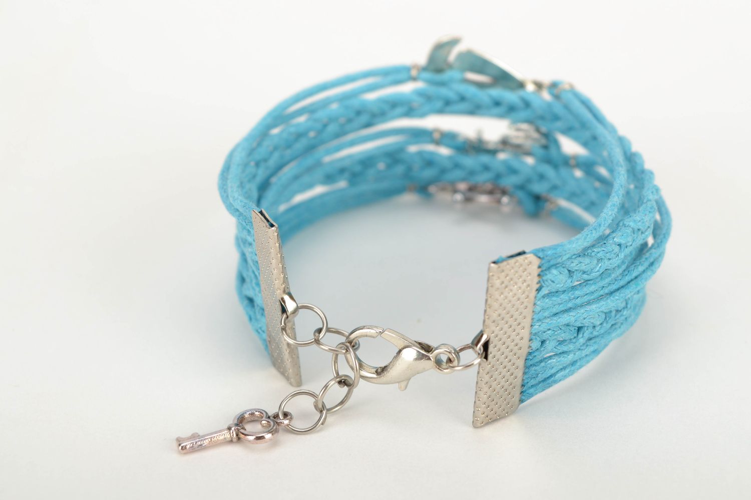 Голубой браслет из вощеного шнура в морском стиле  фото 3