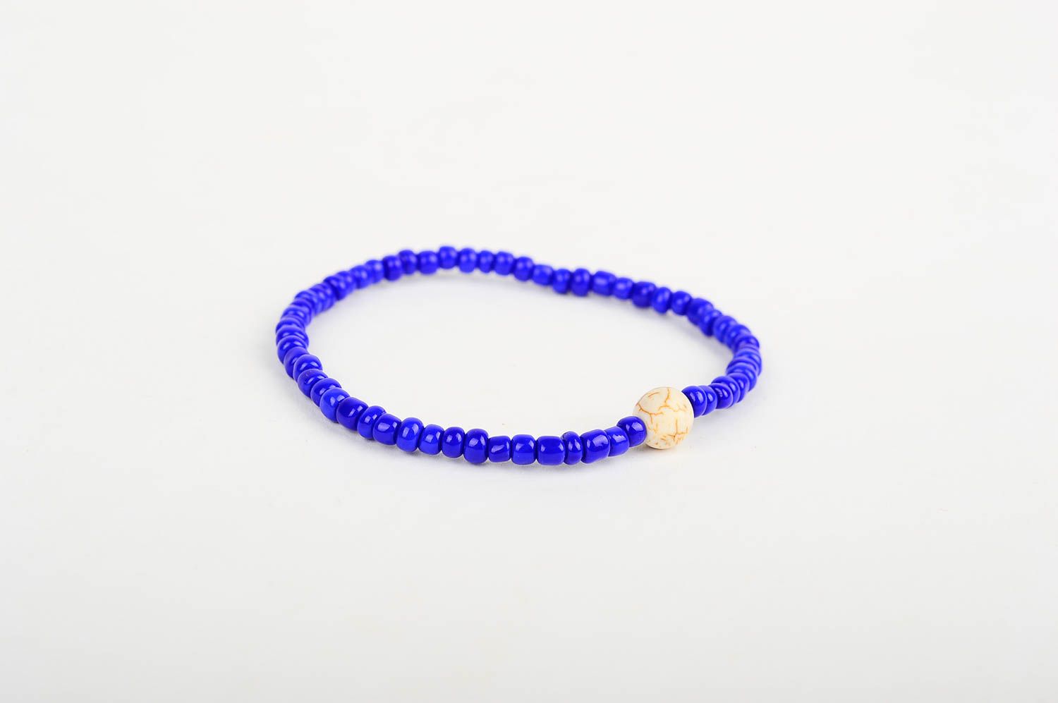 Dark blue beads handmade wrist adjustable bracelet with beige centerpiece large bead photo 3