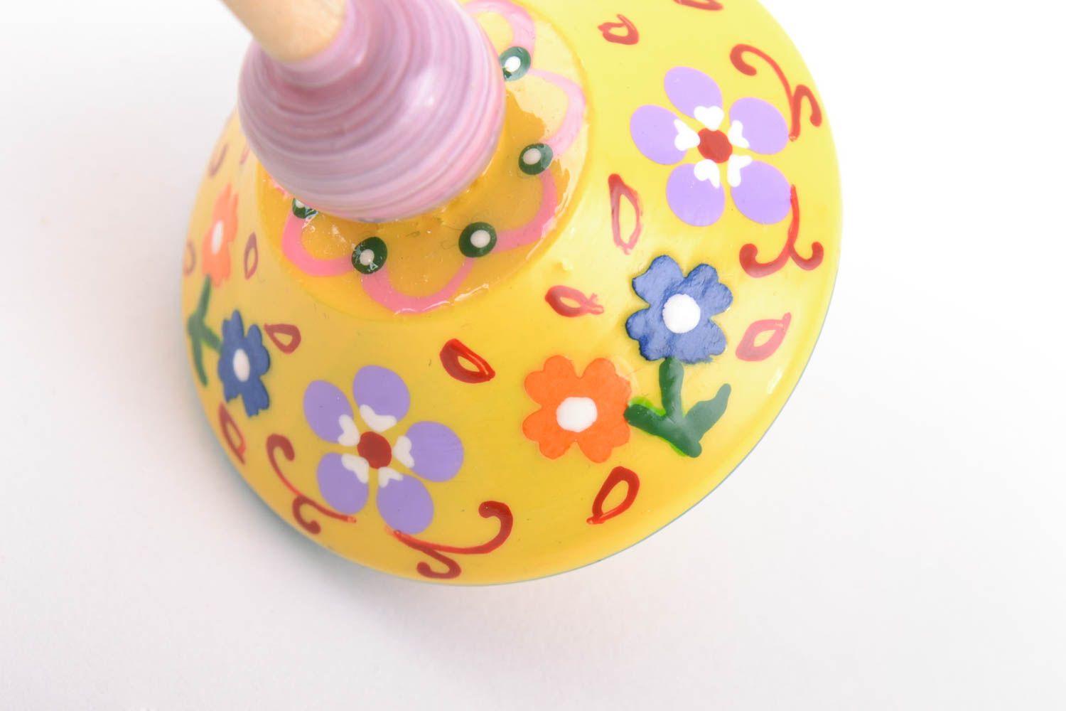 Unusual beautiful painted yellow wooden toy spinning top handmade photo 5