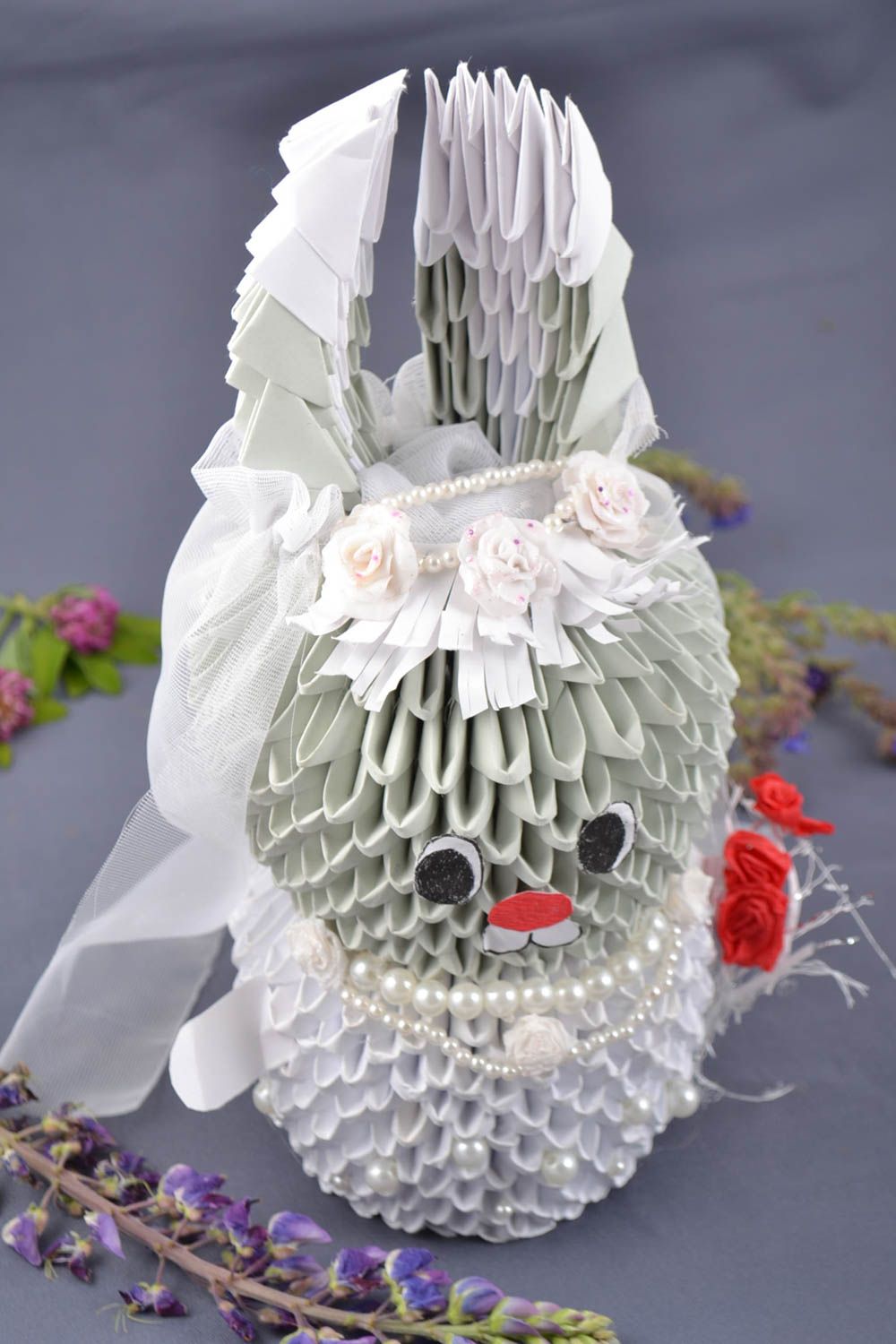 Handmade small designer wedding paper origami figurine of rabbit bride  photo 1