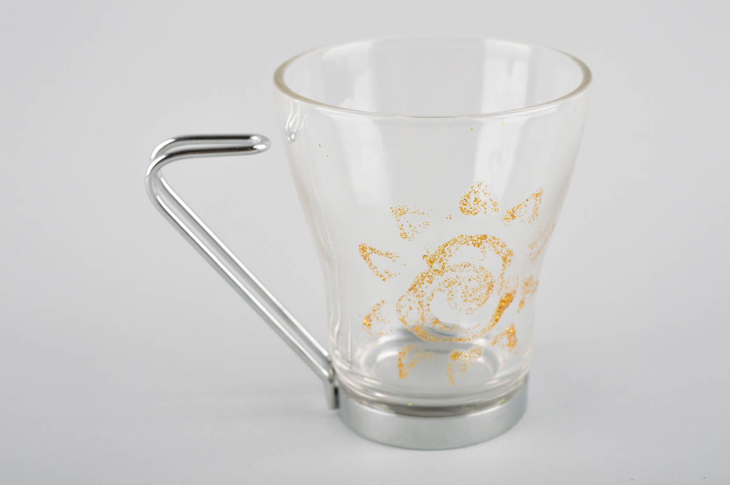 Unique clear glass cup with metal handle nad gold sun painting photo 2