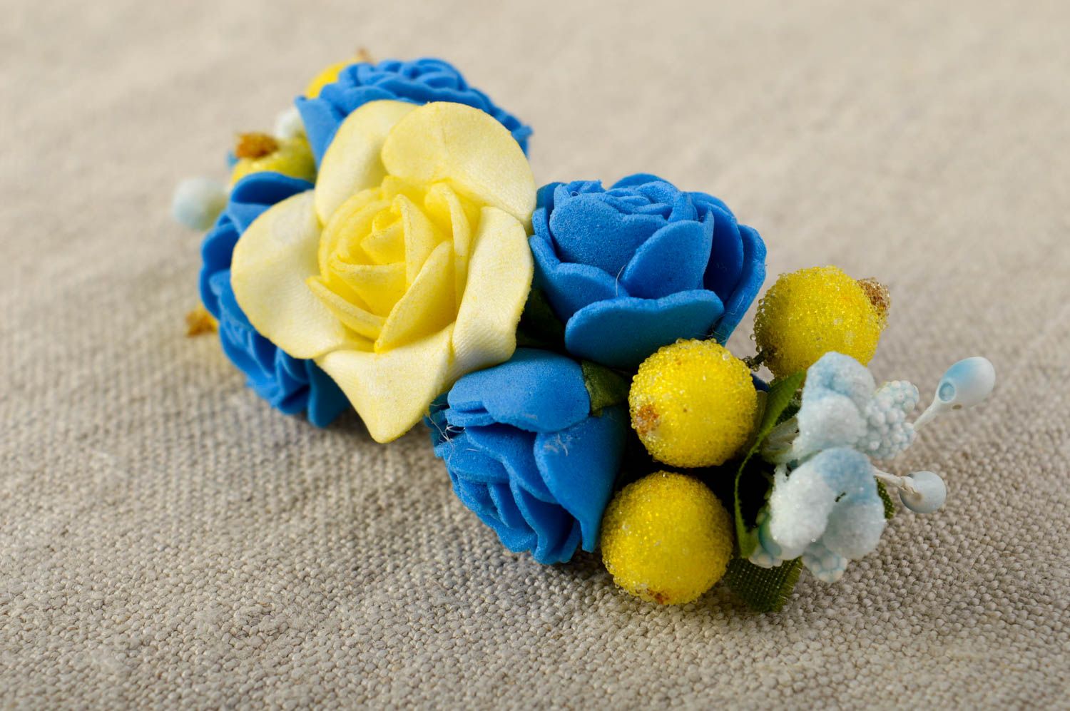 Gelb blaue Haarspange Blumen handmade Damen Modeschmuck Accessoire für Haare foto 1