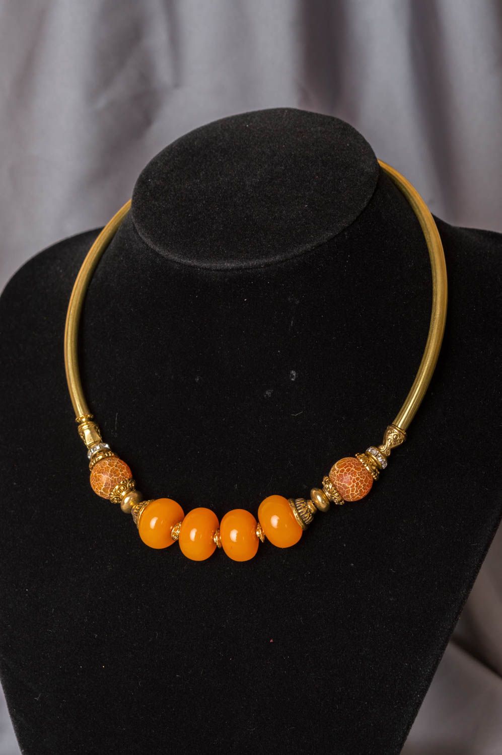 Summer designer bright yellow handmade brass necklace with amber with strasses photo 1