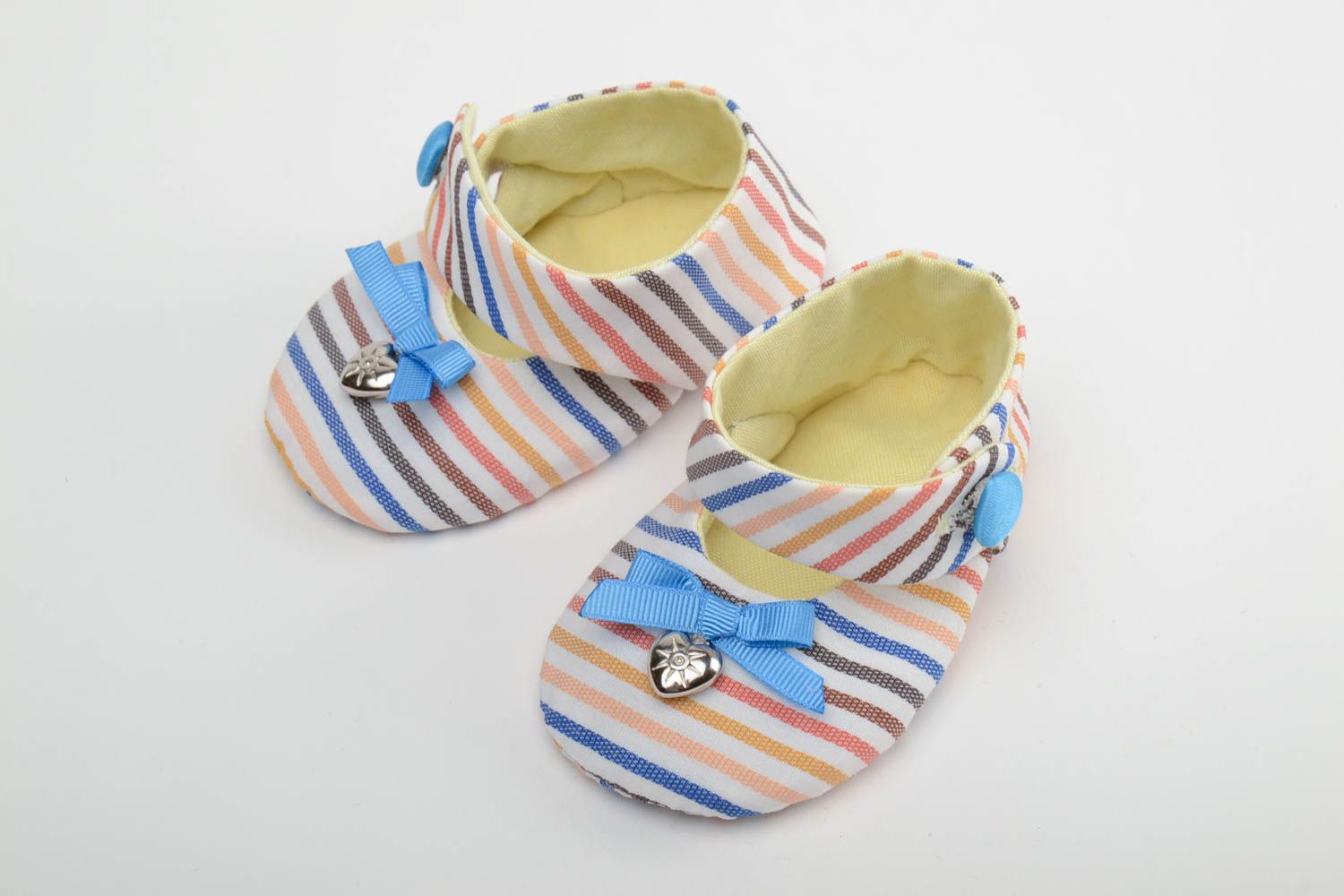 Handmade colorful striped cotton fabric baby shoes with bows for little girl  photo 2