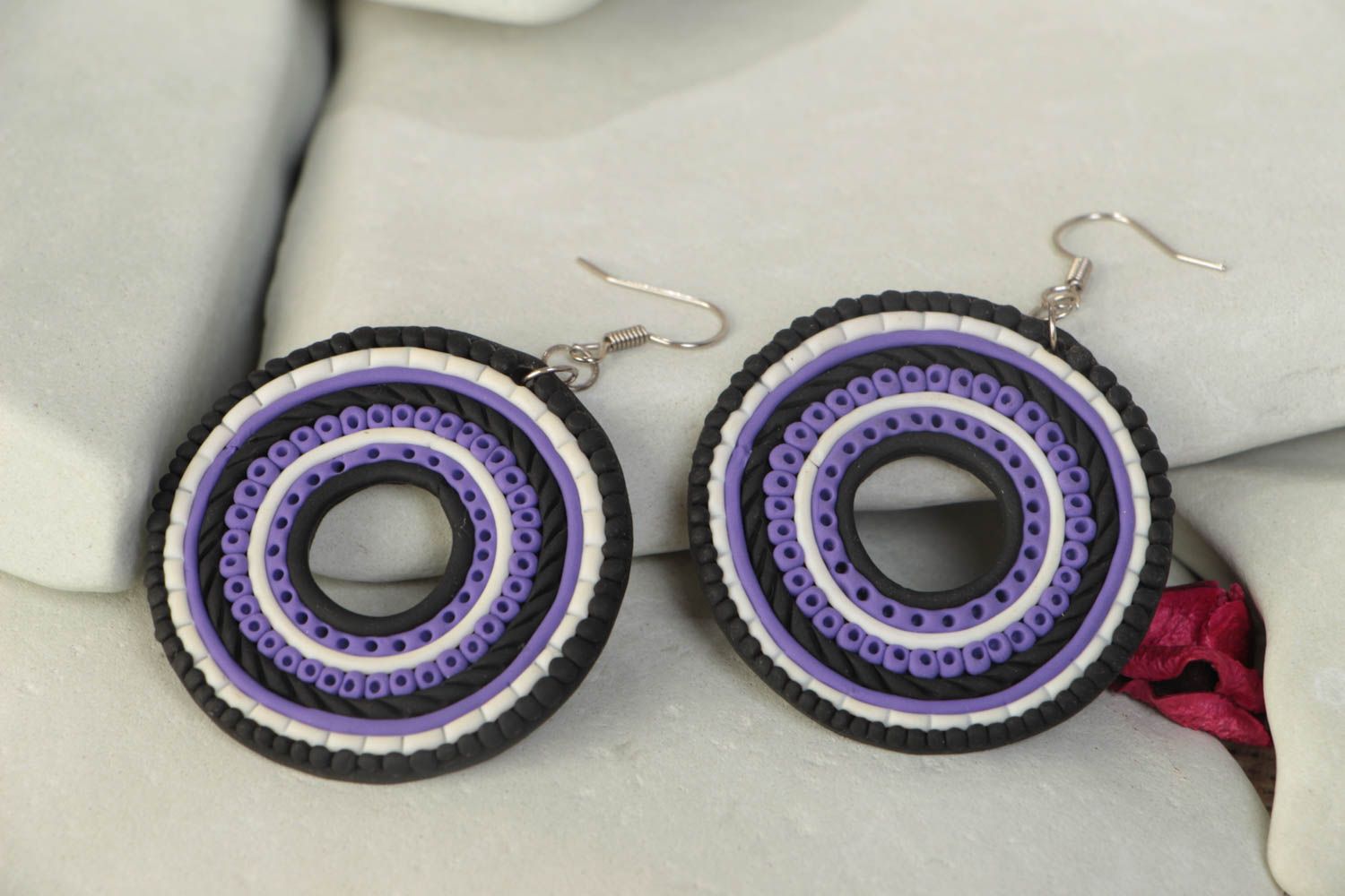 Handmade polymer clay round shaped dangle earrings black and violet photo 1