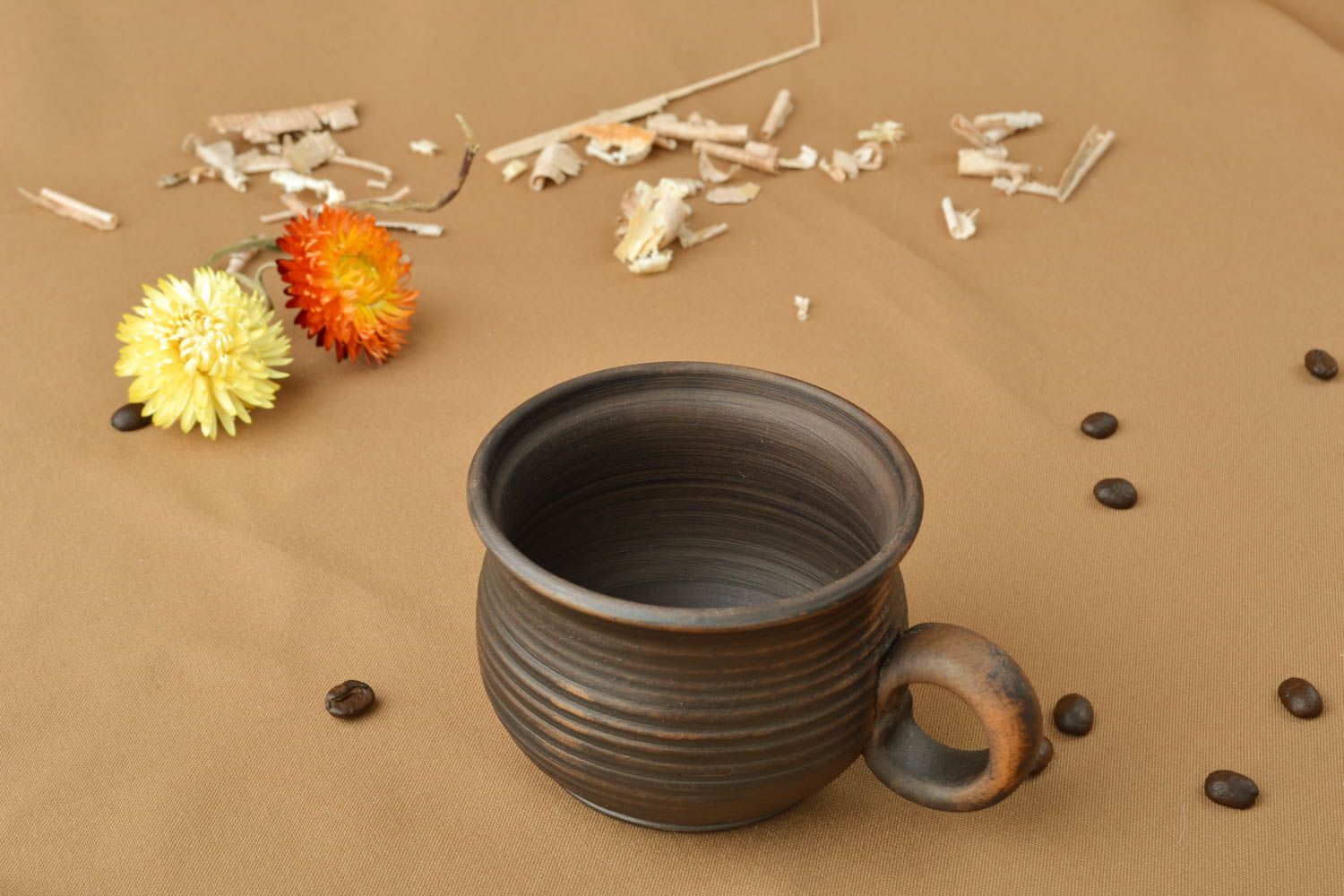 Wide brown clay manually molded cup for coffee with handle with no pattern photo 5