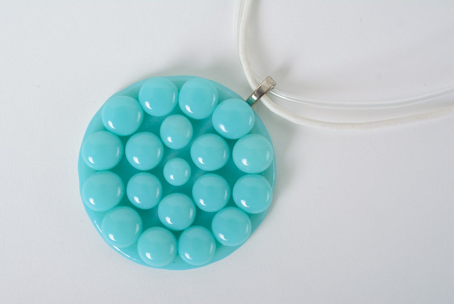 Beautiful handmade round glass pendant of turquoise color with waxed cord  photo 4