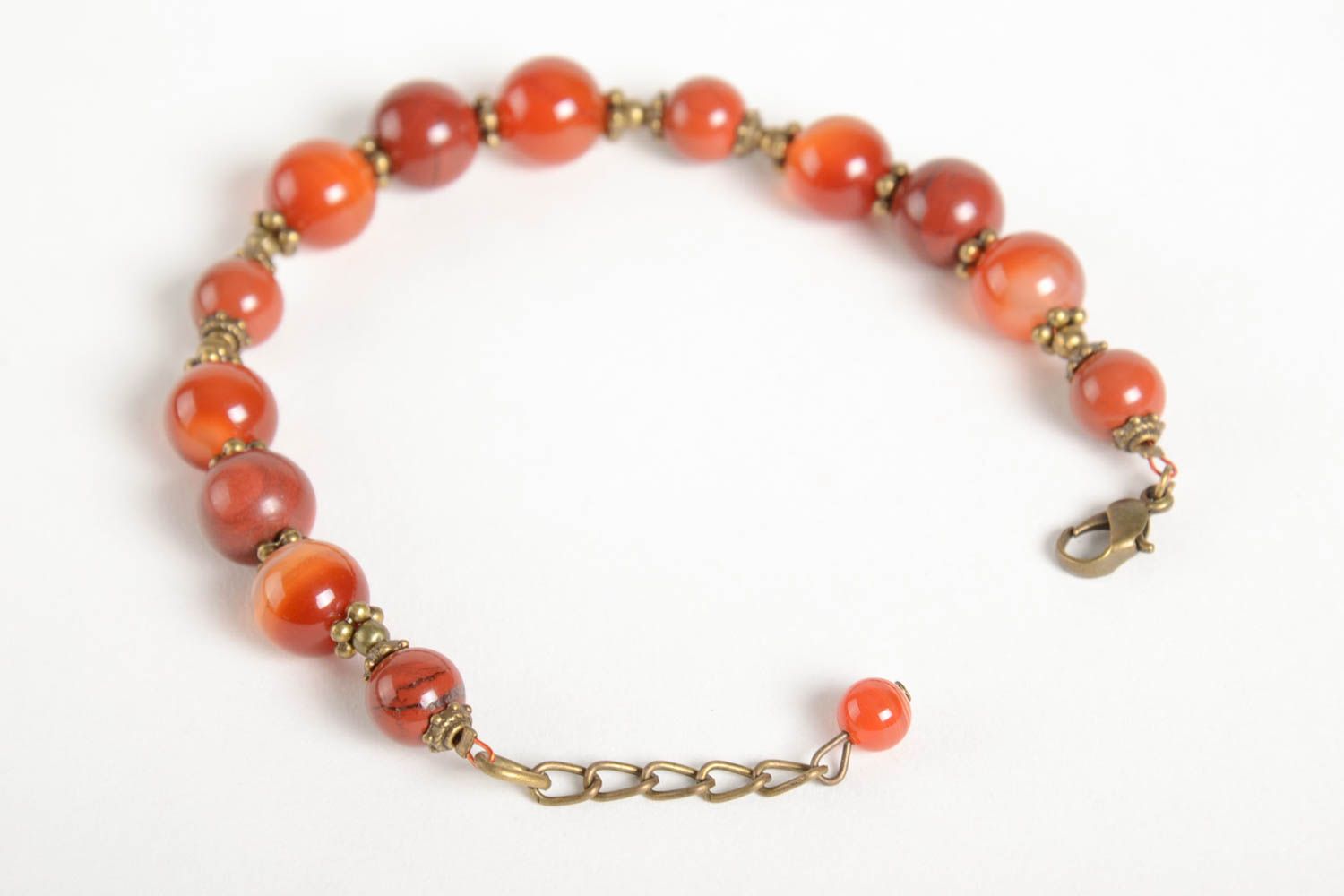 Pale red natural stones beaded adjustable bracelet with bronze charms for girls photo 3