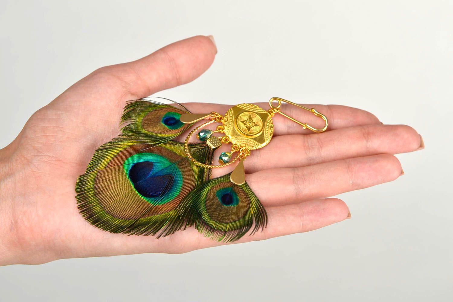 Broche plumes de paon Bijou fait main originale verte grande Cadeau femme photo 2