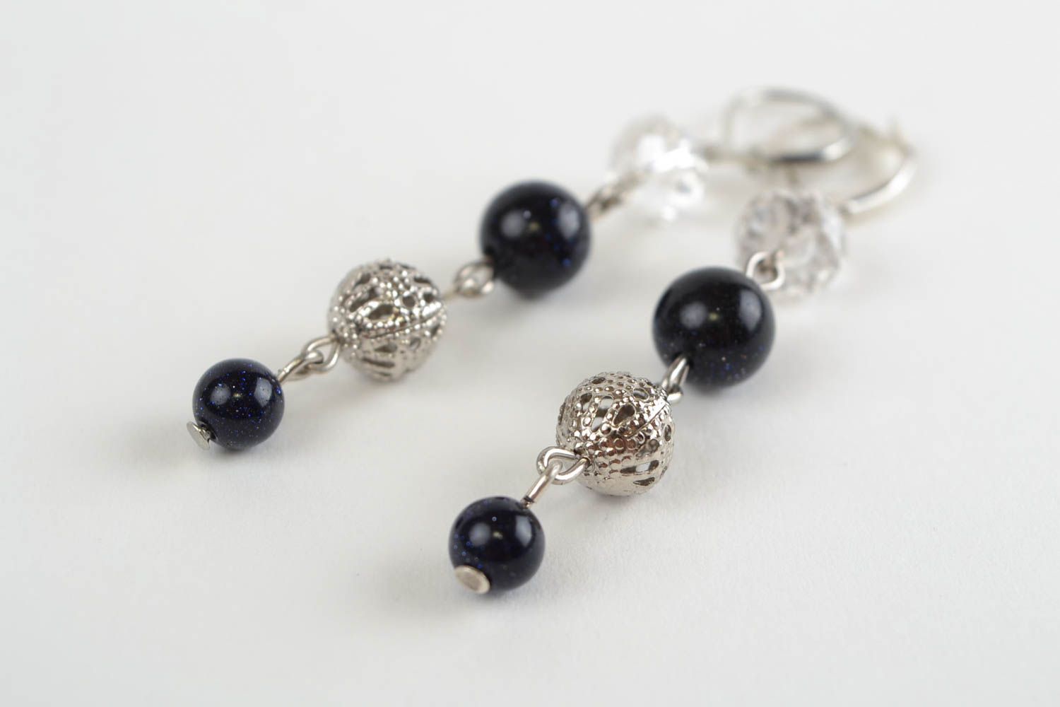 Handmade long dangling designer earrings with aventurine and crystal Black Berry photo 5