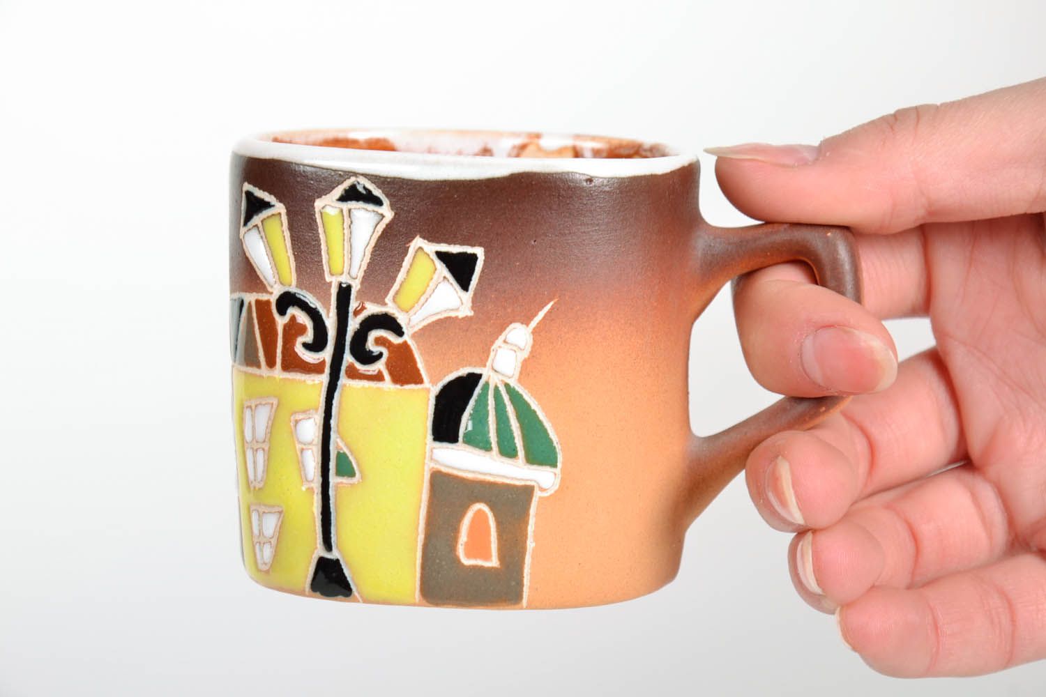 Handmade clay glazed coffee mug with little old city houses pattern photo 2