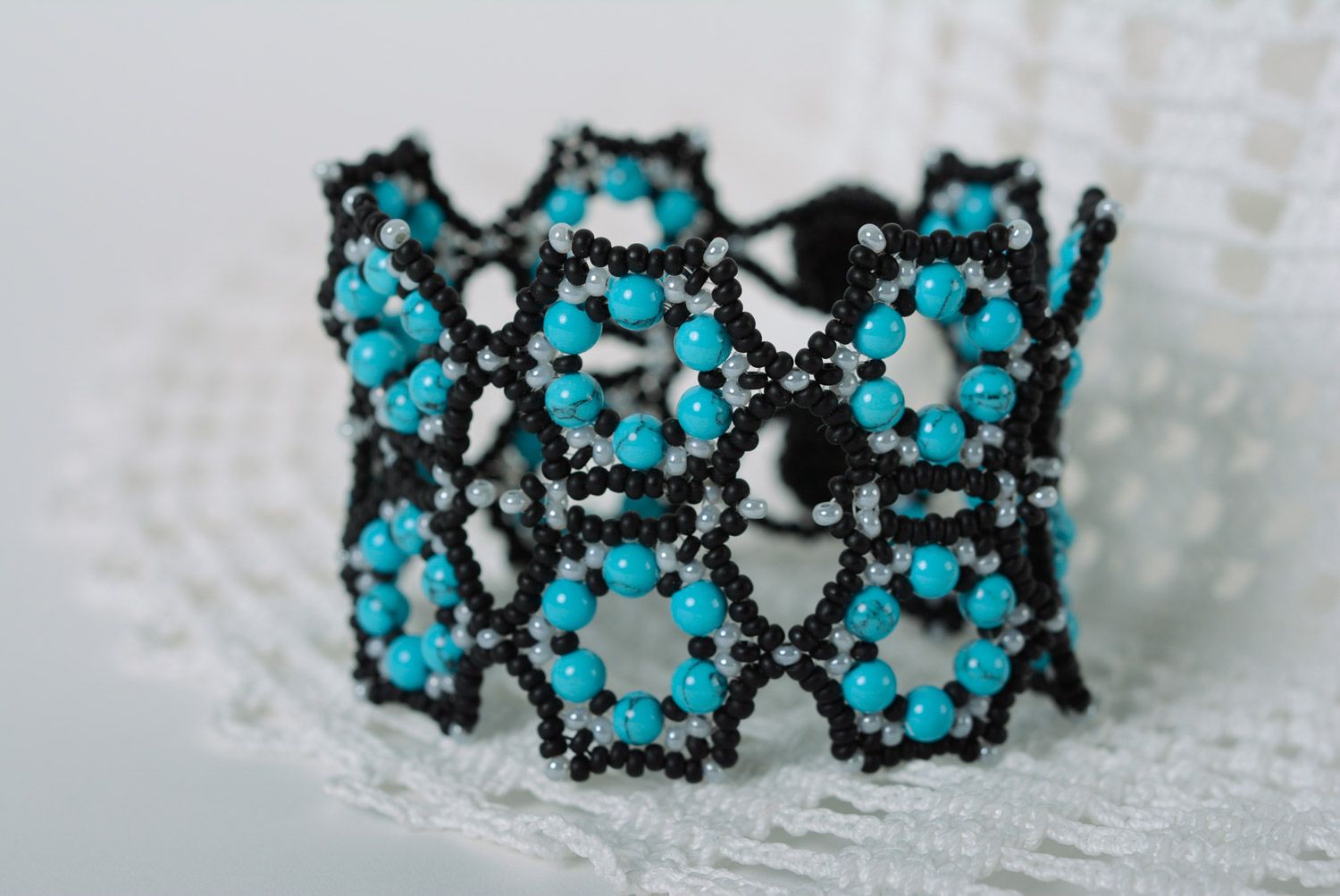 Black and blue handmade designer wrist bracelet woven of beads for women photo 1