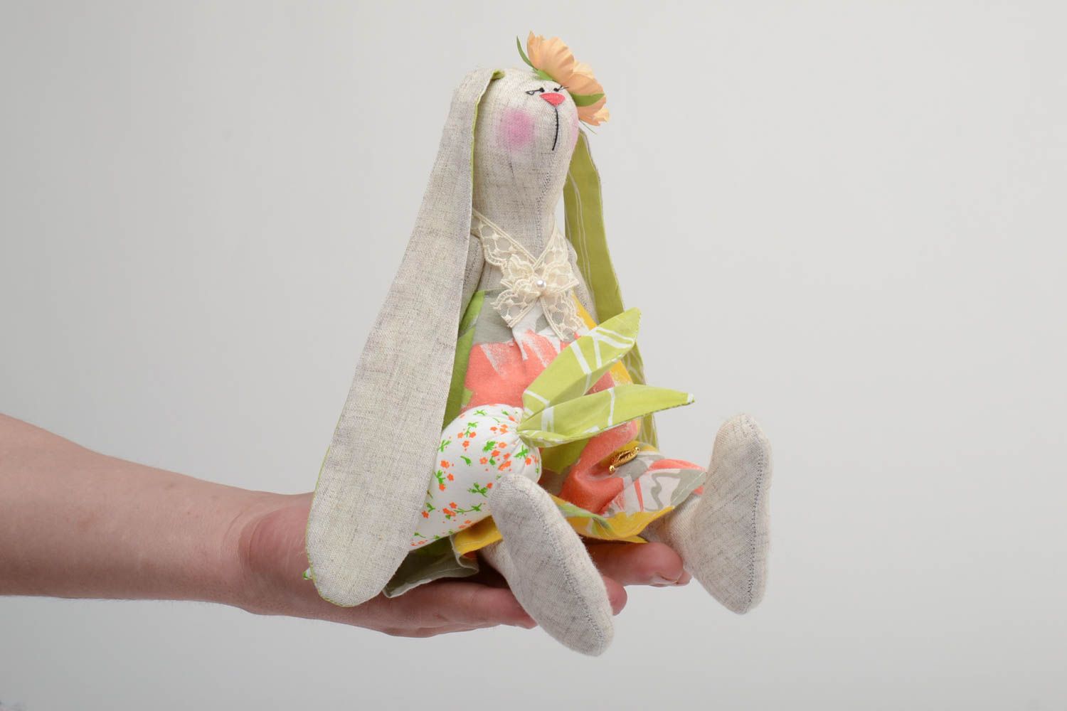 Handmade linen and cotton fabric soft toy hare for children and interior design photo 5