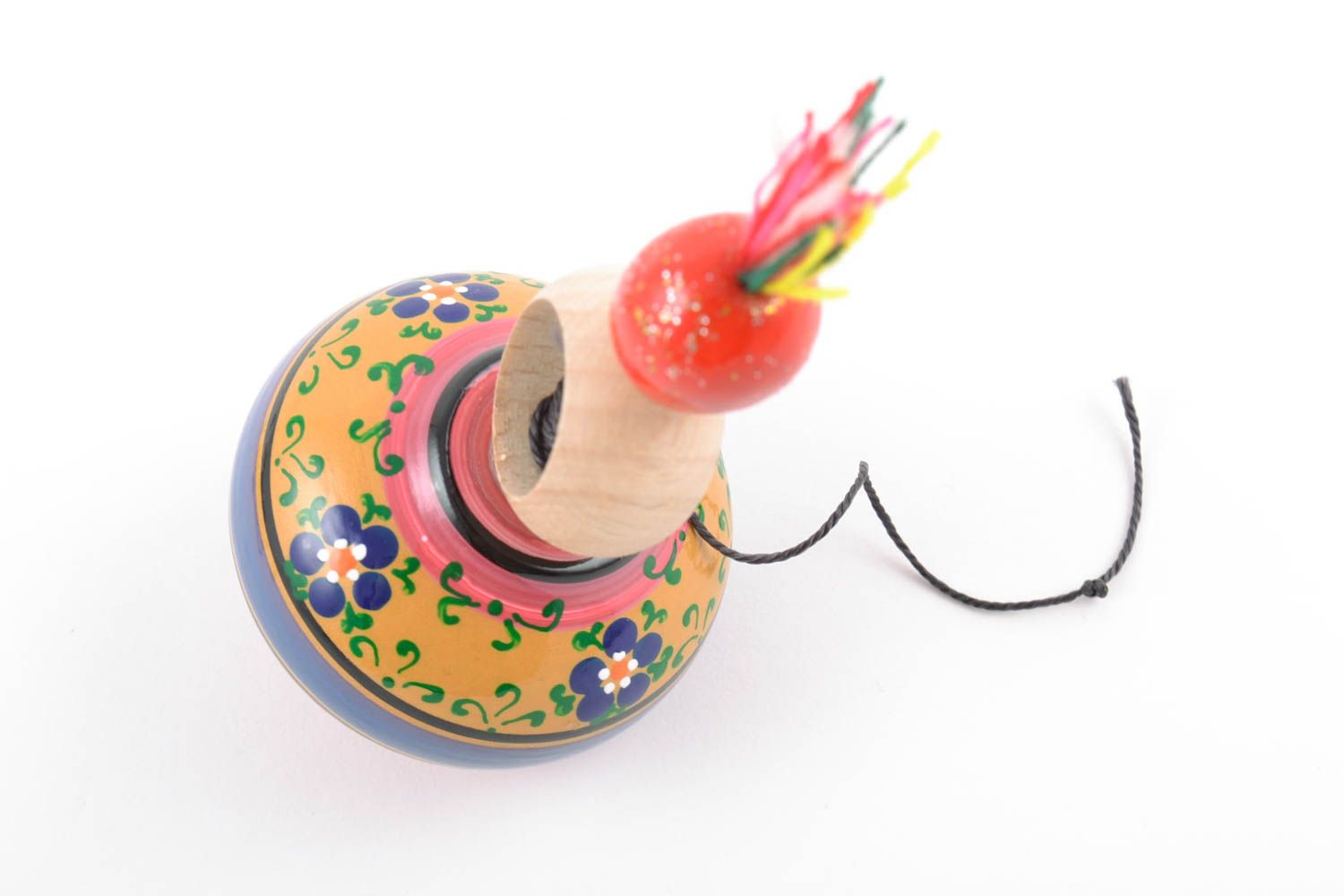 Unusual homemade eco painted wooden toy spinning top with ring and string photo 5