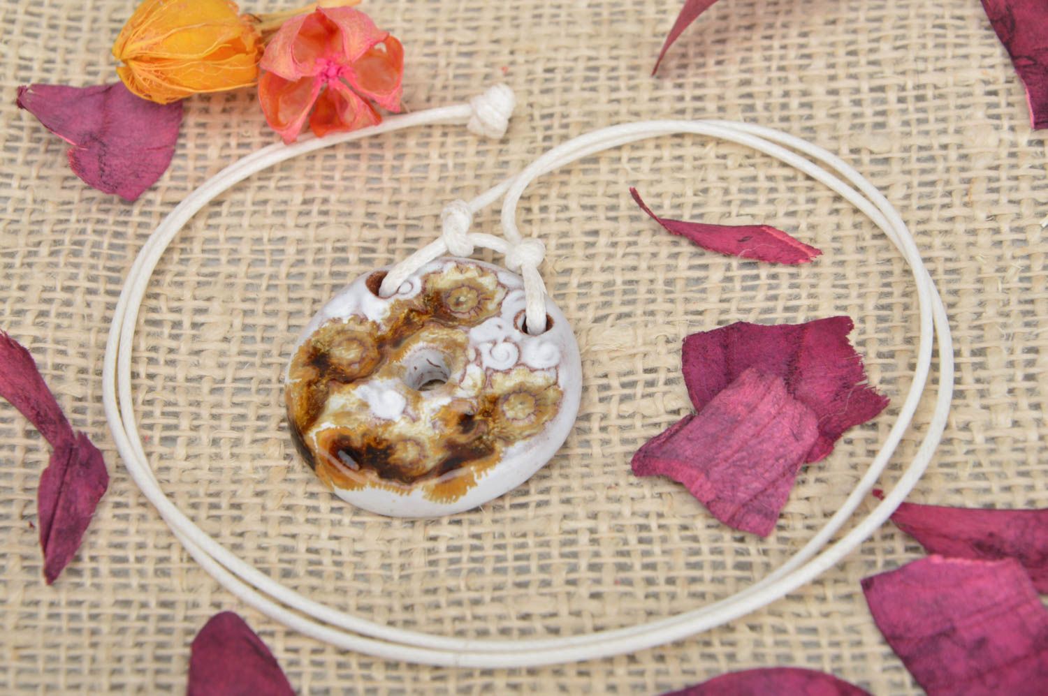 Beautiful handmade designer round shaped glazed clay neck pendant on cord photo 1