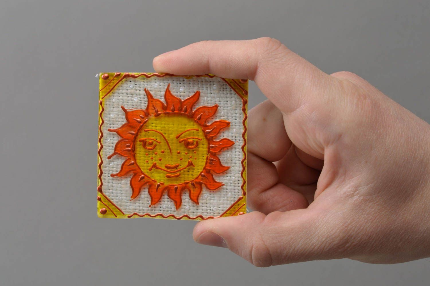 Homemade designer square painted glass decorative fridge magnet with sun image photo 4