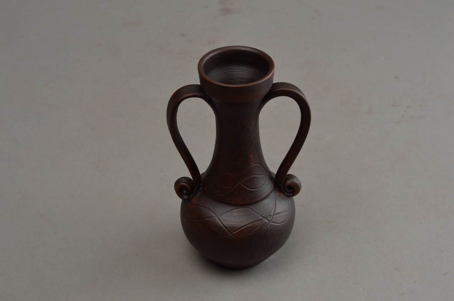 Brown handmade ceramic vase jug with two handles 0,5 lb photo 8