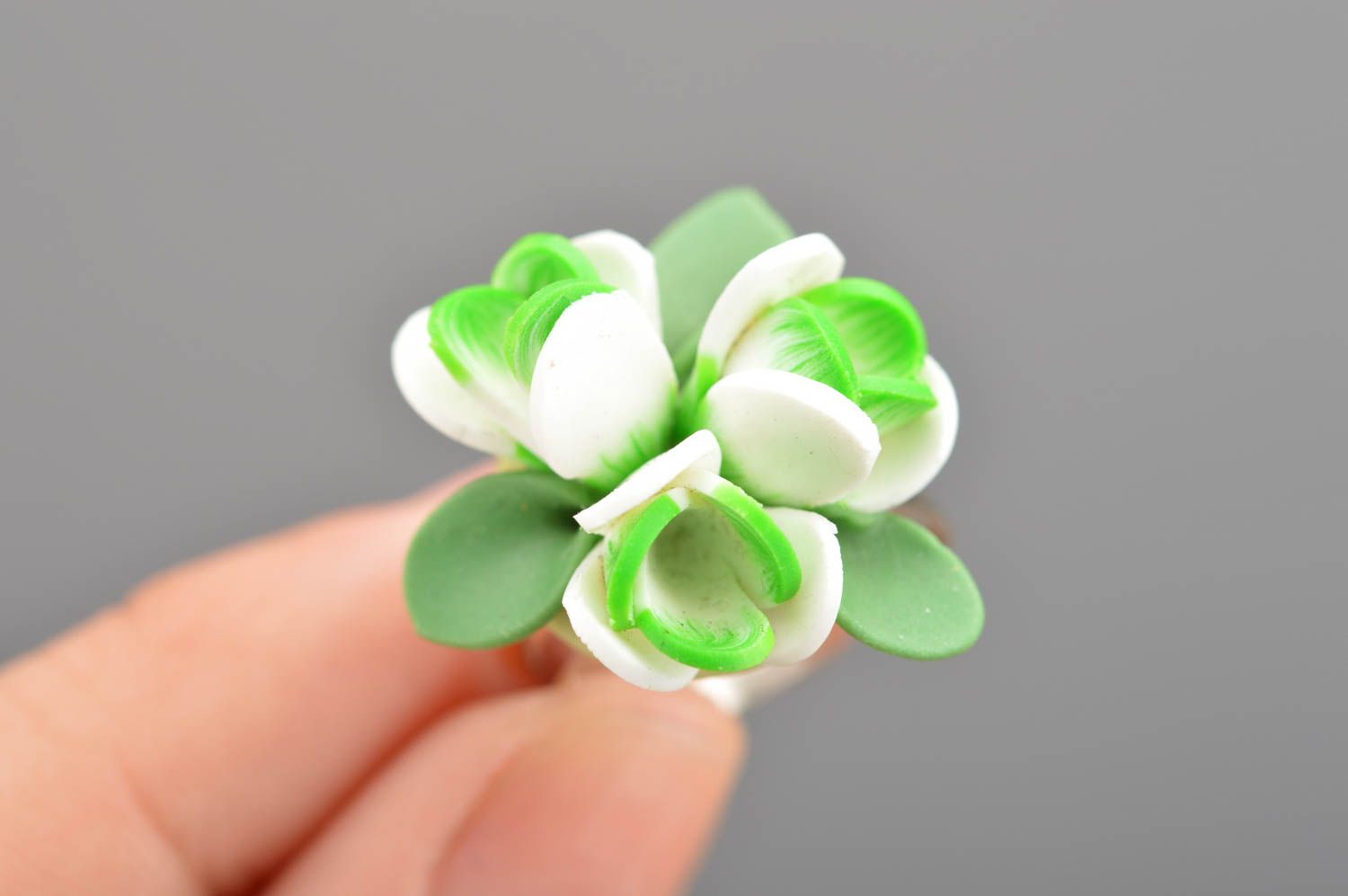 Handmade designer jewelry ring with volume polymer clay white and green flowers photo 2