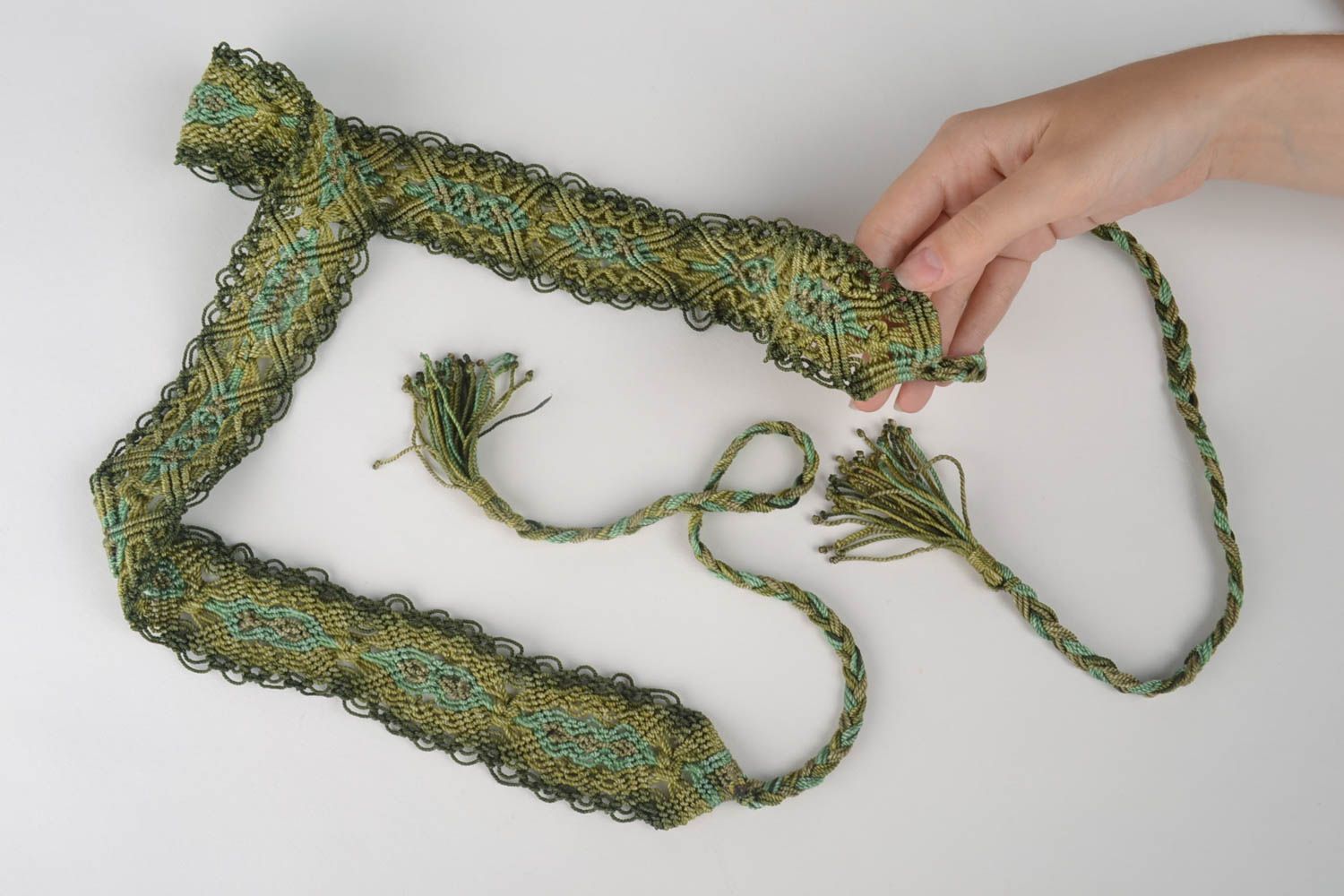 Женский ремень пояс ручной работы пояс для талии зеленый на завязках плетеный фото 5