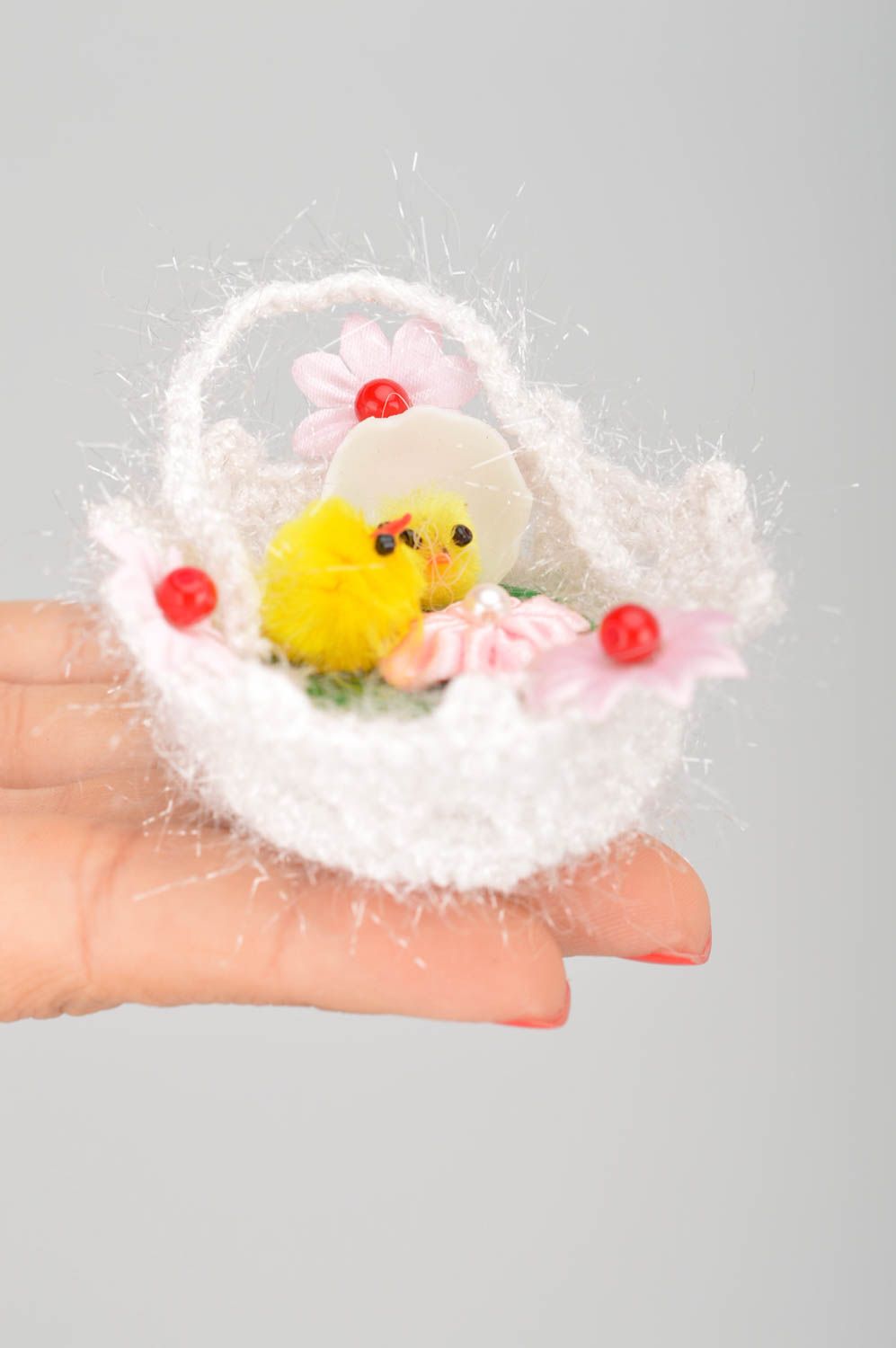 Handmade Easter decor yellow chickens crocheted of acrylic threads in basket photo 3